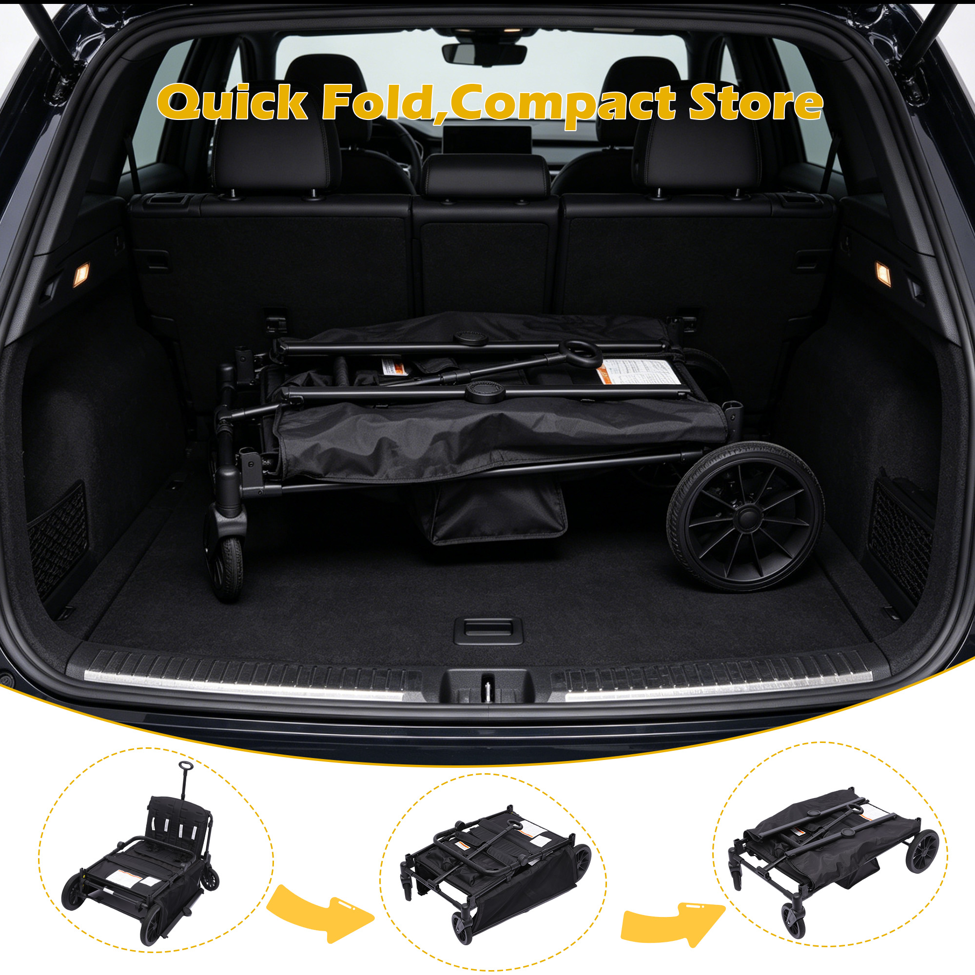 Reasea 4-Seat Kids Stroller Wagon, Foldable Outdoor Utility Wagon with Side Entry, 5-Point Safety Harness, Adjustable Push Pull Handle & Removable Canopy