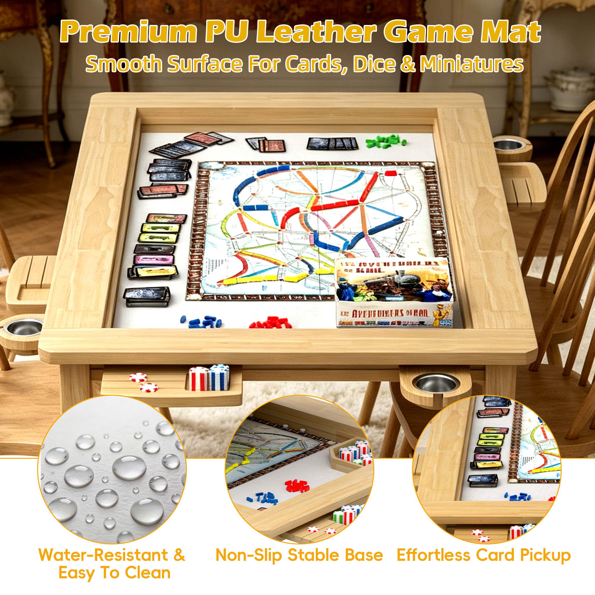 Reasea 66"x 39" Solid Wood Board Game Dining Table with Removable Top, PU Leather Mat, 4 Cup Holders & 4 Hobby Trays, Seats 4-6