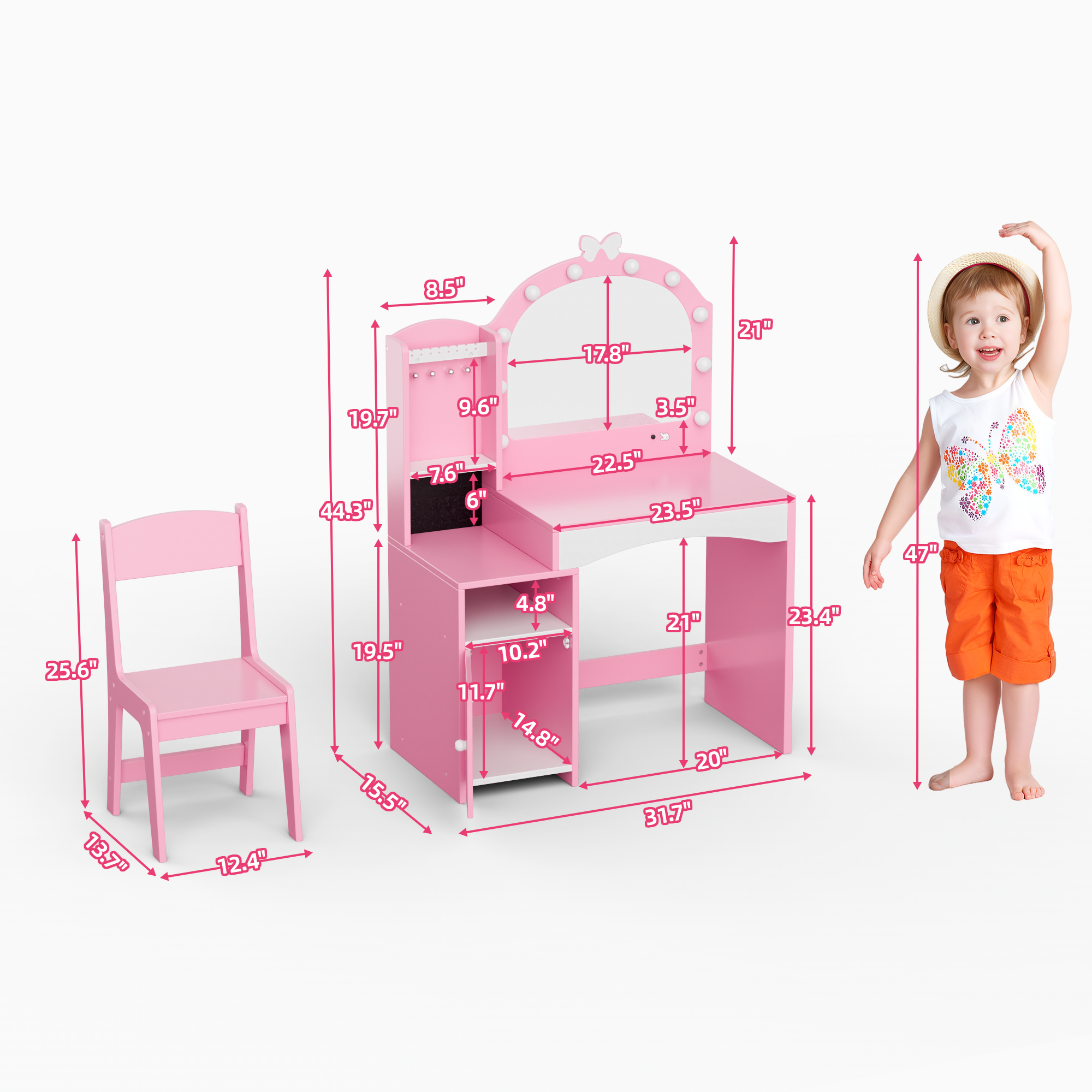 Reasea Pink Wooden Girls Vanity Table Set with Mirror, Chair & Jewelry Storage - 2-in-1 Makeup Desk for Pretend Play, Princess Dressing Station for Kids