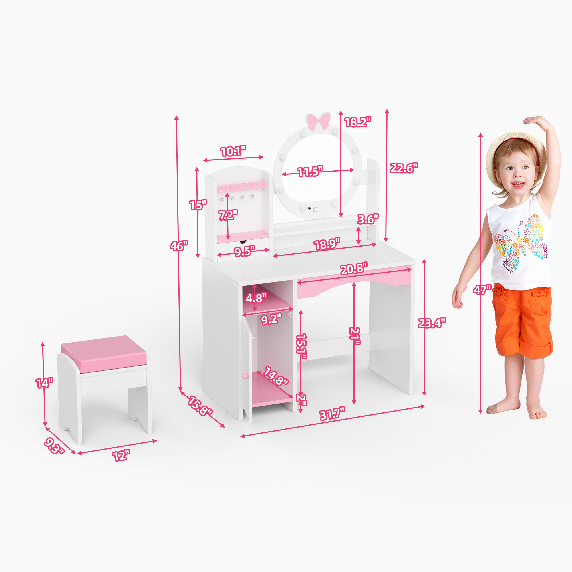 Reasea Kids Vanity Table, Girls Vanity Set, Princess Makeup Vanity Desk & Chair Set