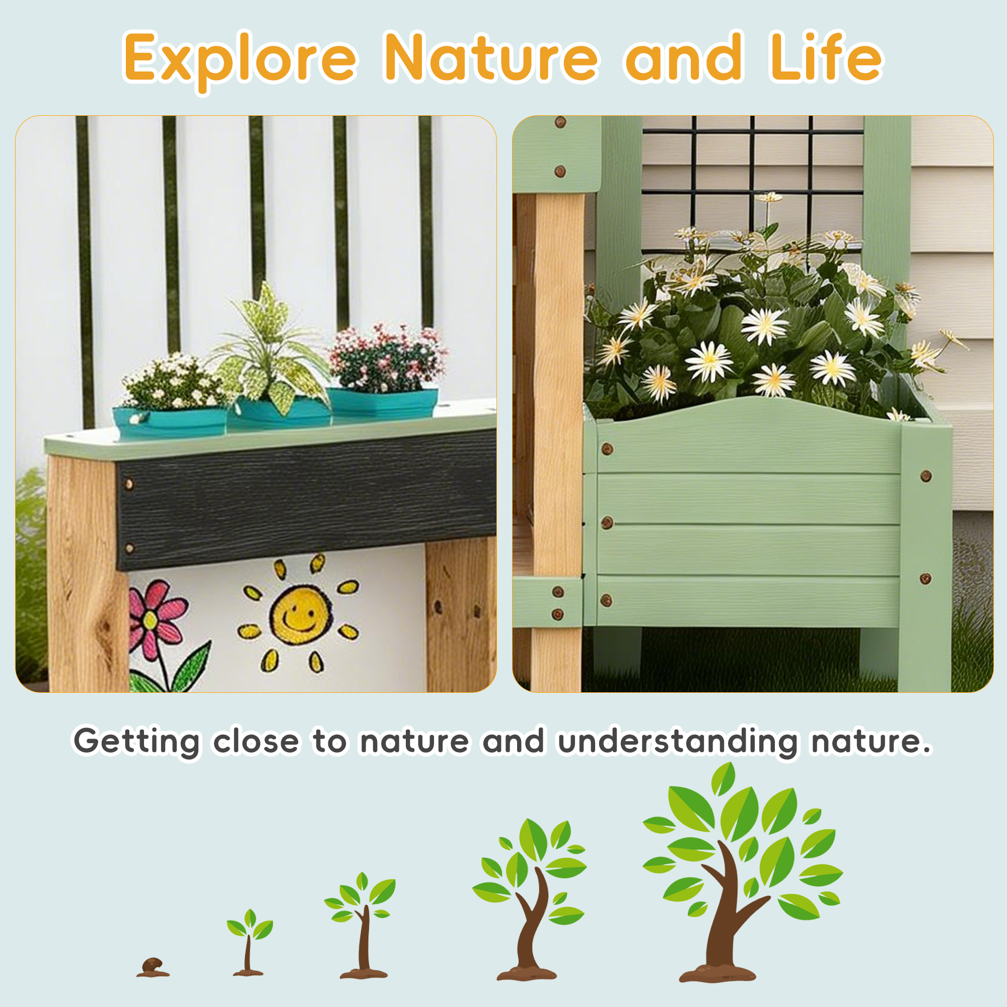 Reasea Outdoor Kids Wooden Mud Kitchen Playset, Plant Growing Box, Removable Sink, Oven Stove & Kitchen Accessories, Backyard Garden Pretend Play Toy