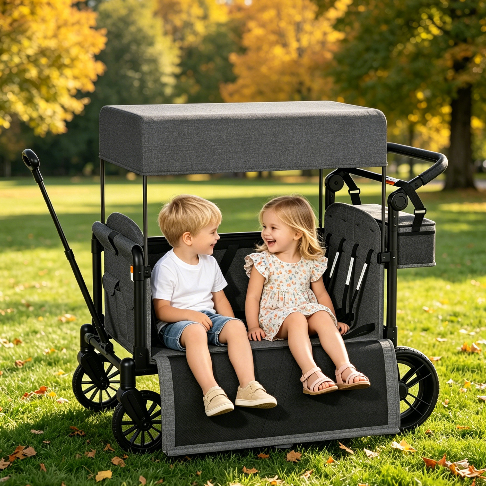 Reasea 4-Seat Kids Stroller Wagon, Foldable Outdoor Utility Wagon with Side Entry, 5-Point Safety Harness, Adjustable Push Pull Handle & Removable Canopy