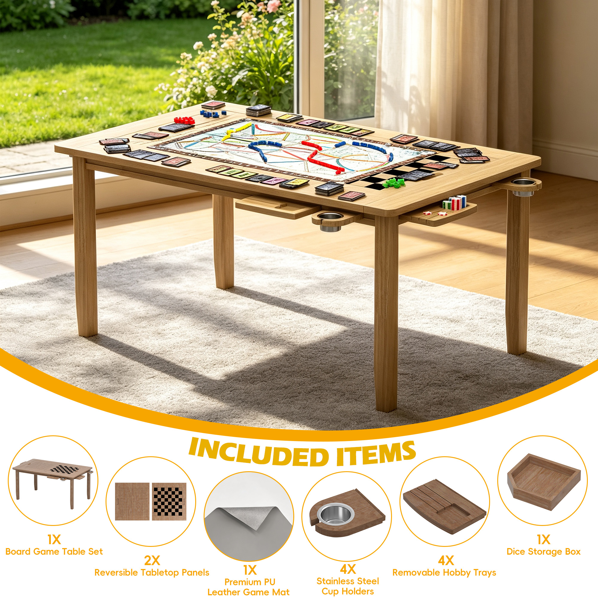 Reasea 66"x 39" Solid Wood Board Game Dining Table with Removable Top, PU Leather Mat, 4 Cup Holders & 4 Hobby Trays, Seats 4-6
