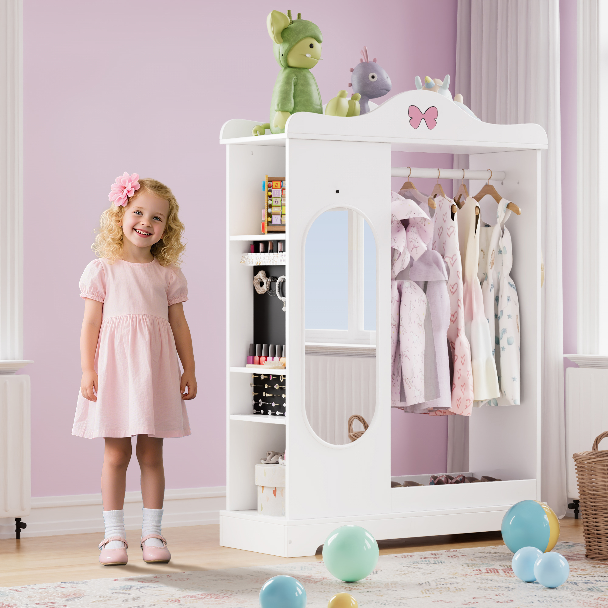 Reasea Kids Armoire with a Jewelry Cabinet, Princess Dress Up Closet with Mirror