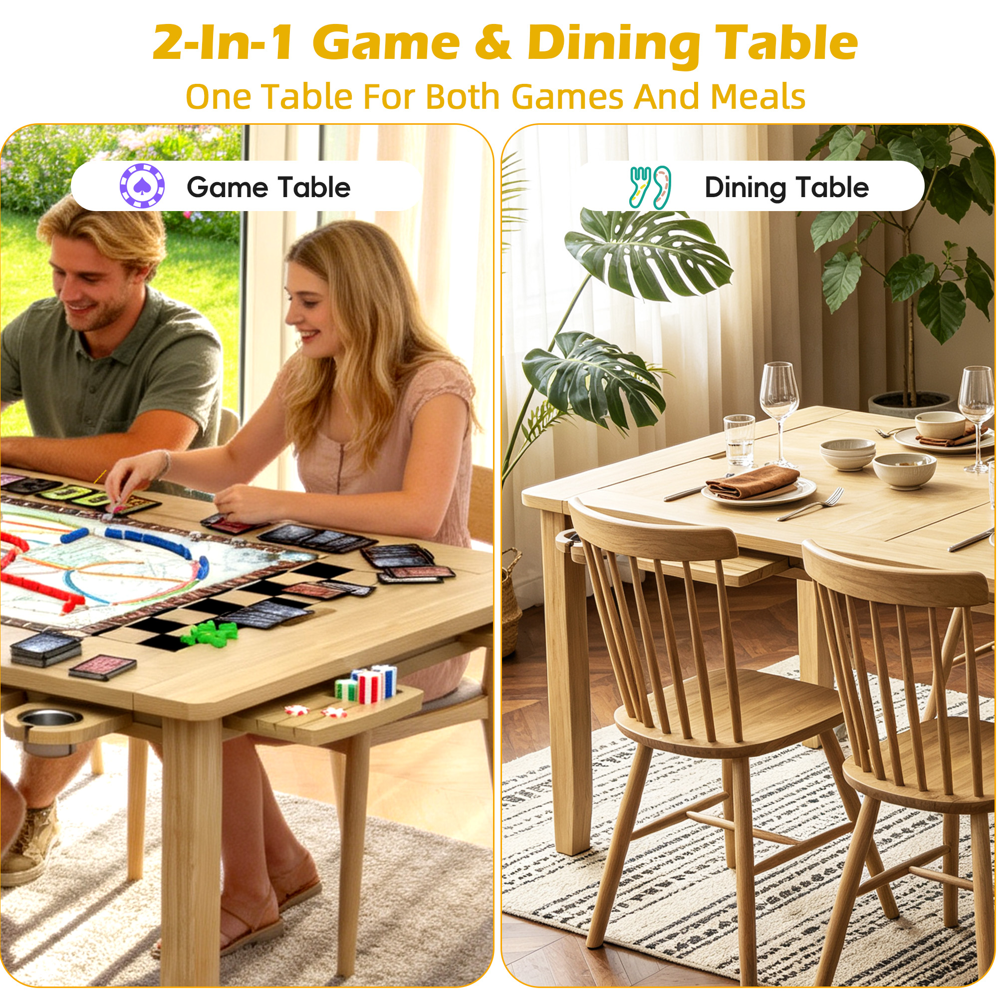 Reasea 66"x 39" Solid Wood Board Game Dining Table with Removable Top, PU Leather Mat, 4 Cup Holders & 4 Hobby Trays, Seats 4-6