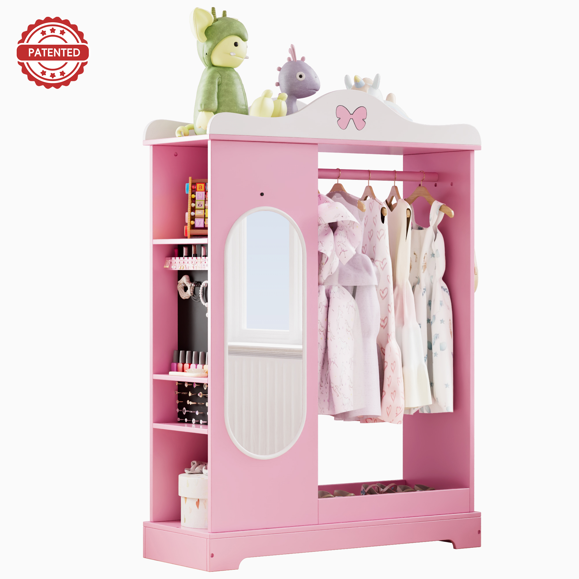 Reasea Kids Armoire with a Jewelry Cabinet, Princess Dress Up Closet with Mirror