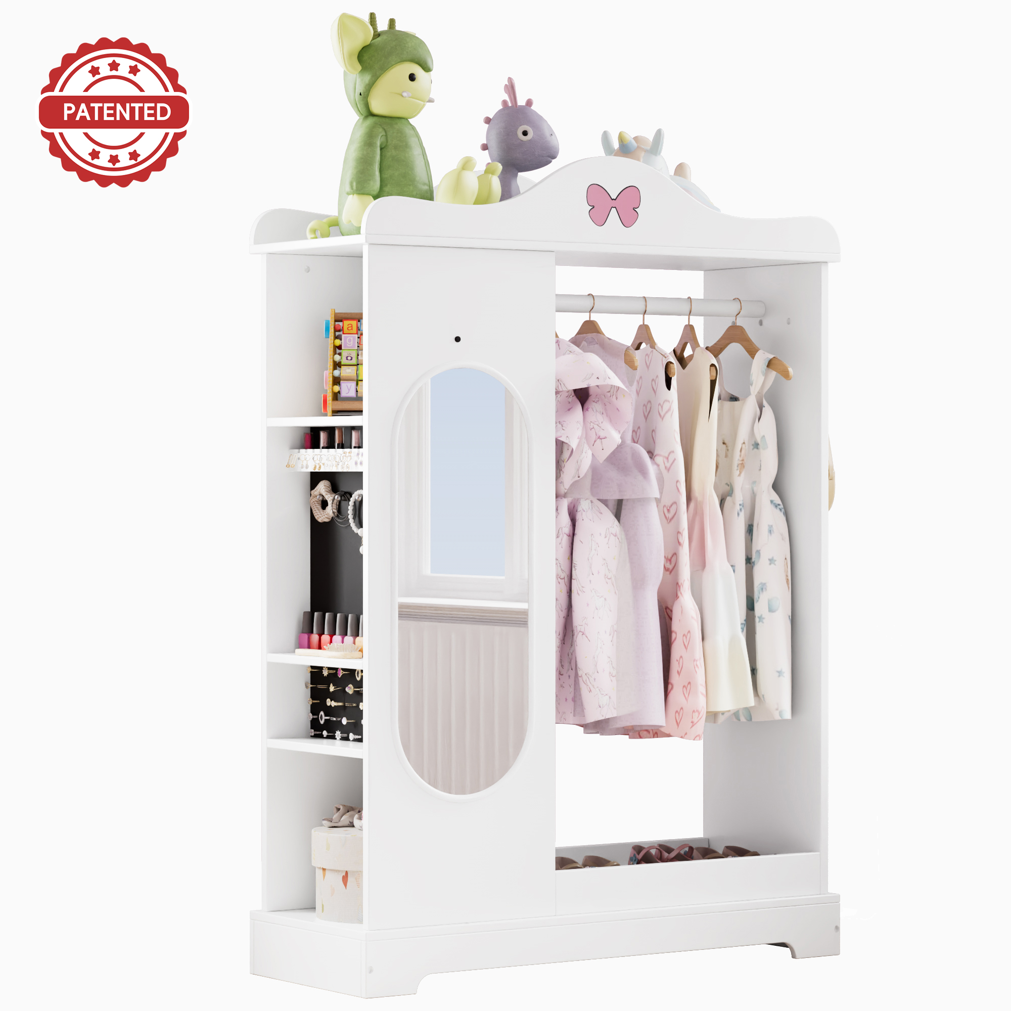 Reasea Kids Armoire with a Jewelry Cabinet, Princess Dress Up Closet with Mirror