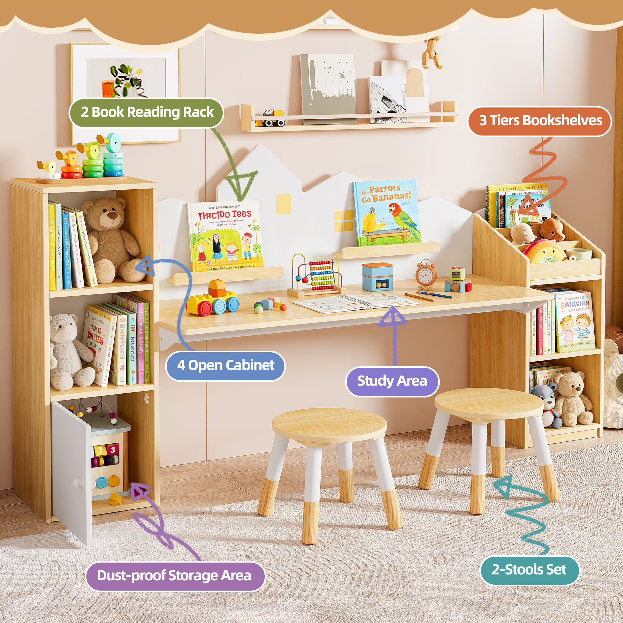 Reasea Kids Desk with Bookshelves & 2 Stools, Wooden Study Table Set with 5 Storage Cabinets, Children Writing & Drawing Table