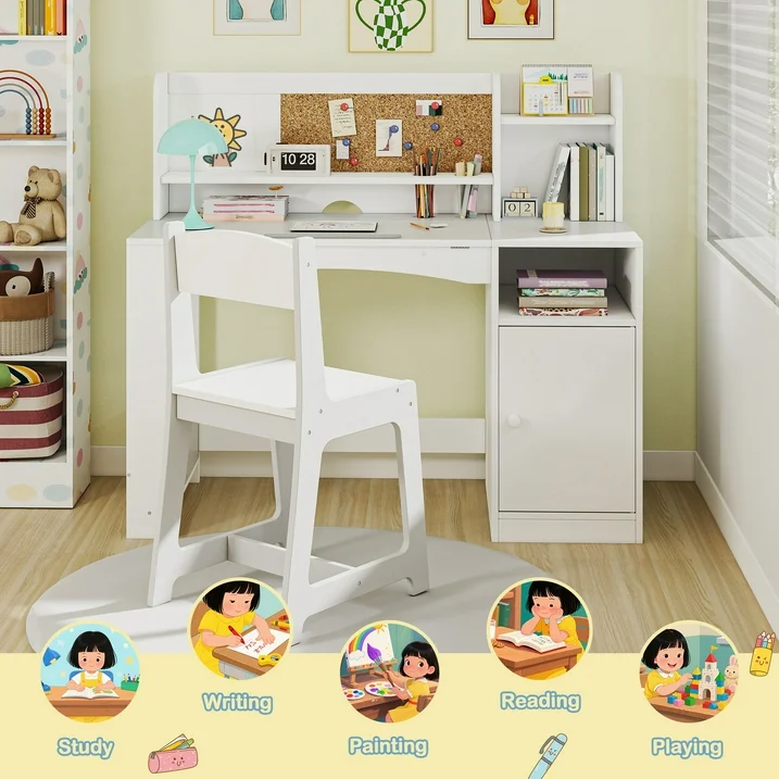 Reasea Kids Study Desk and Chair Set with Tiltable Desktop, Hutch & Storage - Wooden Writing Table for Ages 5-12