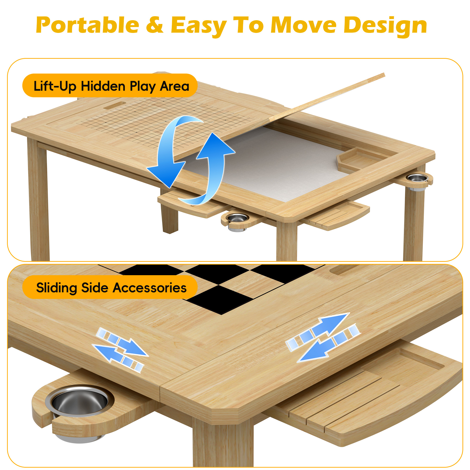 Reasea 66"x 39" Solid Wood Board Game Dining Table with Removable Top, PU Leather Mat, 4 Cup Holders & 4 Hobby Trays, Seats 4-6