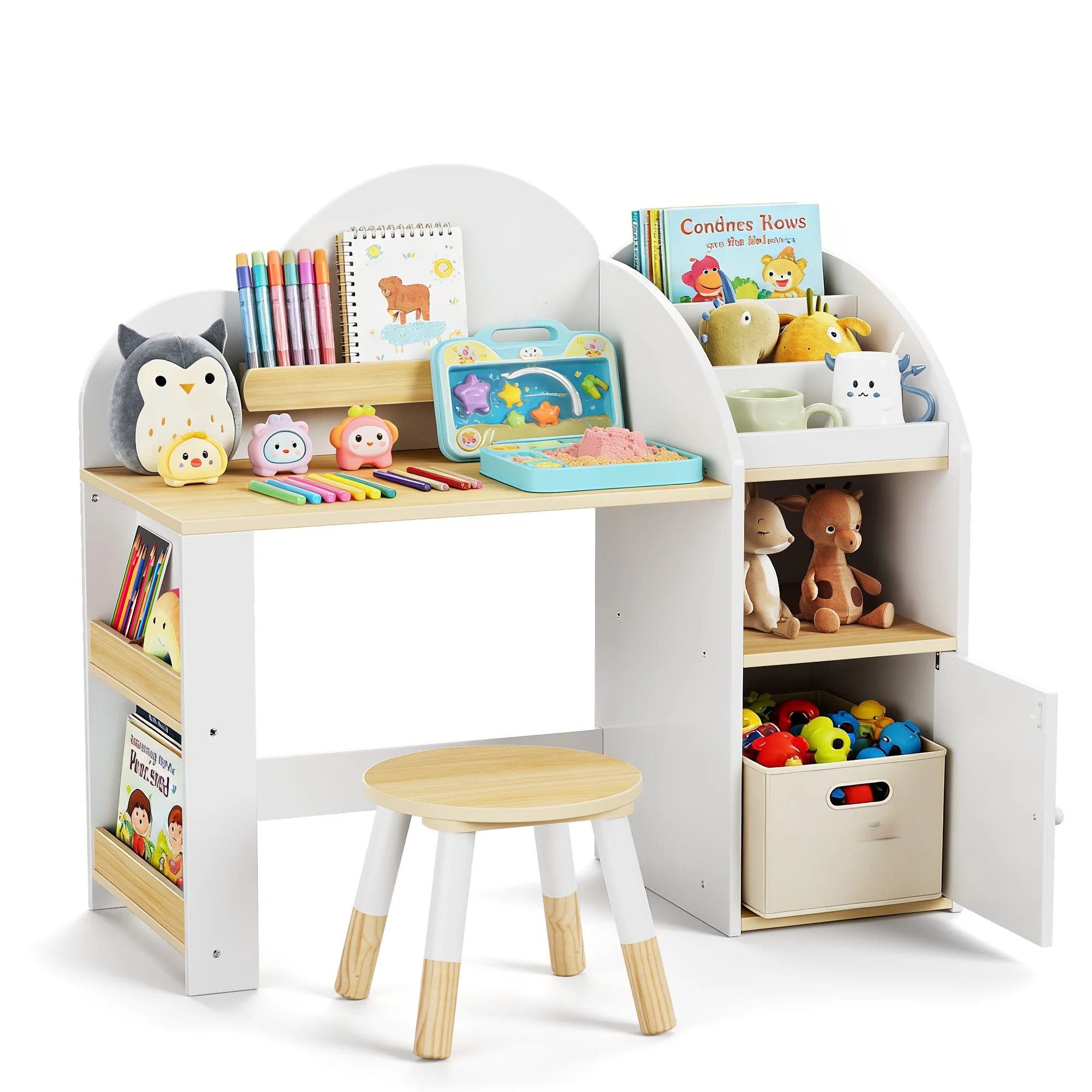 Reasea Kids Wooden Desk & Chair Set with Storage Cabinets & Bookshelves, Children Study Writing Drawing Table