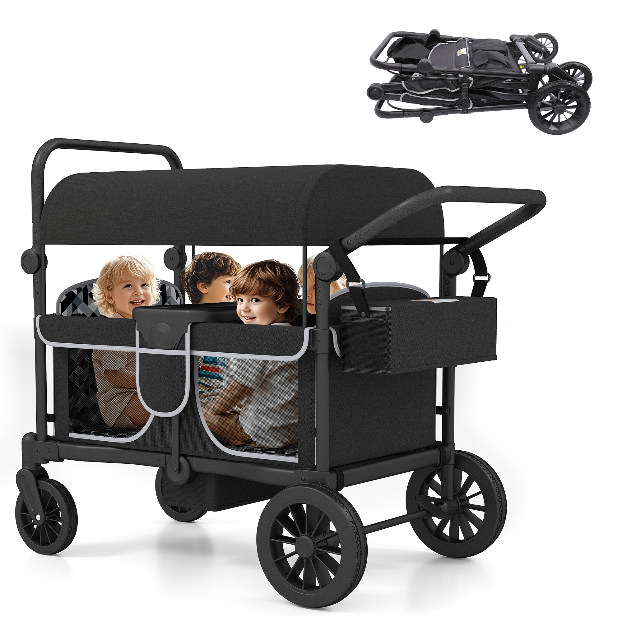 Reasea 4-Seater Foldable Stroller Wagon for Kids, with Canopy, Adjustable Handlebar, 5-Point Safety Harness, Removable Snack Tray & Carry Bag
