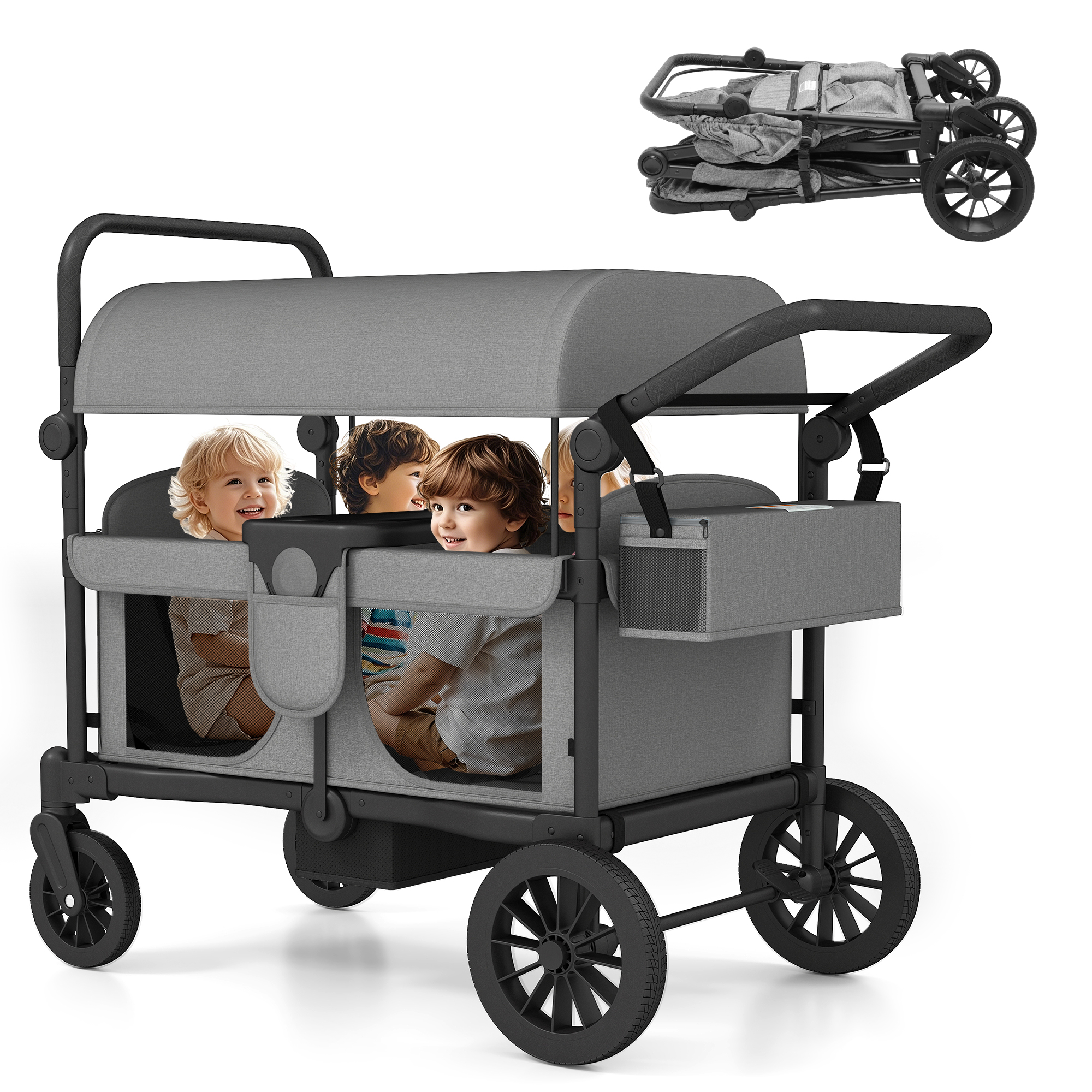 Reasea 4-Seater Foldable Stroller Wagon for Kids, with Canopy, Adjustable Handlebar, 5-Point Safety Harness, Removable Snack Tray & Carry Bag
