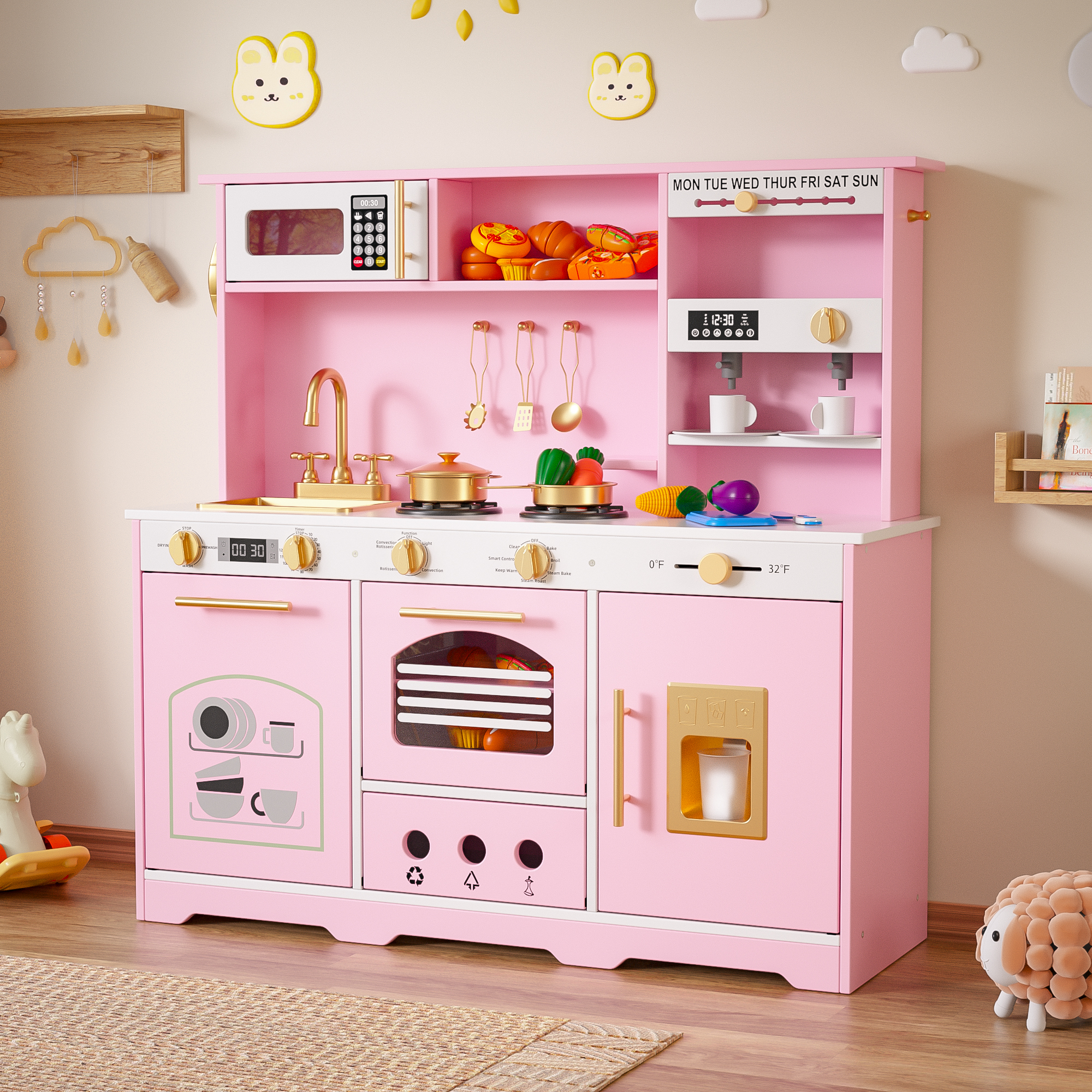 Reasea Play Kitchen for Kids, Wooden Kids Kitchen Playset with Realistic Lights & Sounds, Toy Kitchen Set with Smart Storage & Fun Accessories, Gift for Ages 3+, Pink
