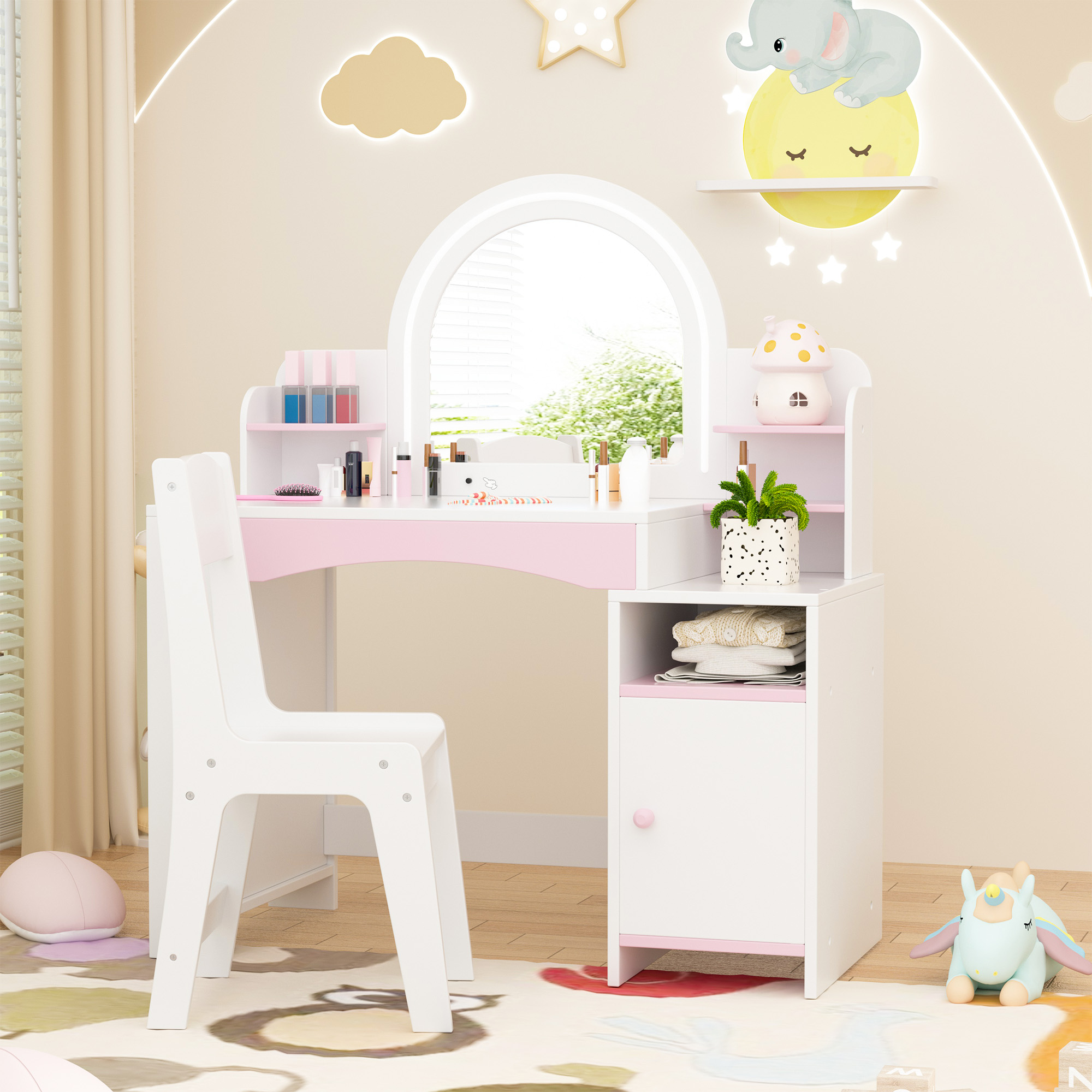Kids Vanity Table with Mirror, 2 in 1 Girls Vanity Set with Jewelry Storage, Princess Makeup Vanity Desk & Chair Set with Open Shelves, Wooden Pretend Playset