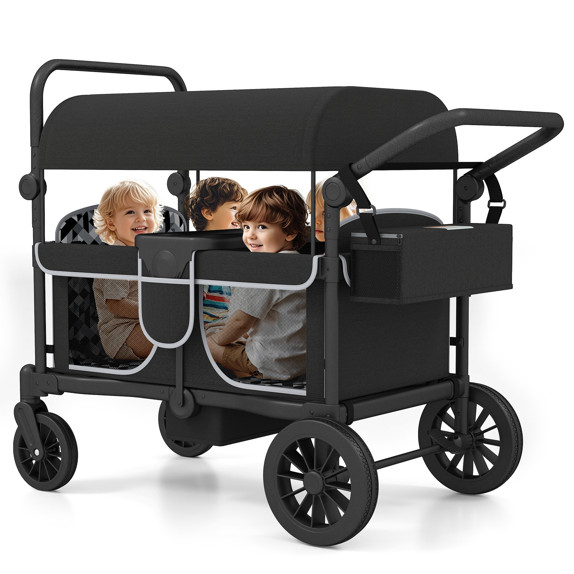 Reasea 4-Seater Foldable Stroller Wagon for Kids, with Canopy, Adjustable Handlebar, 5-Point Safety Harness, Removable Snack Tray & Carry Bag