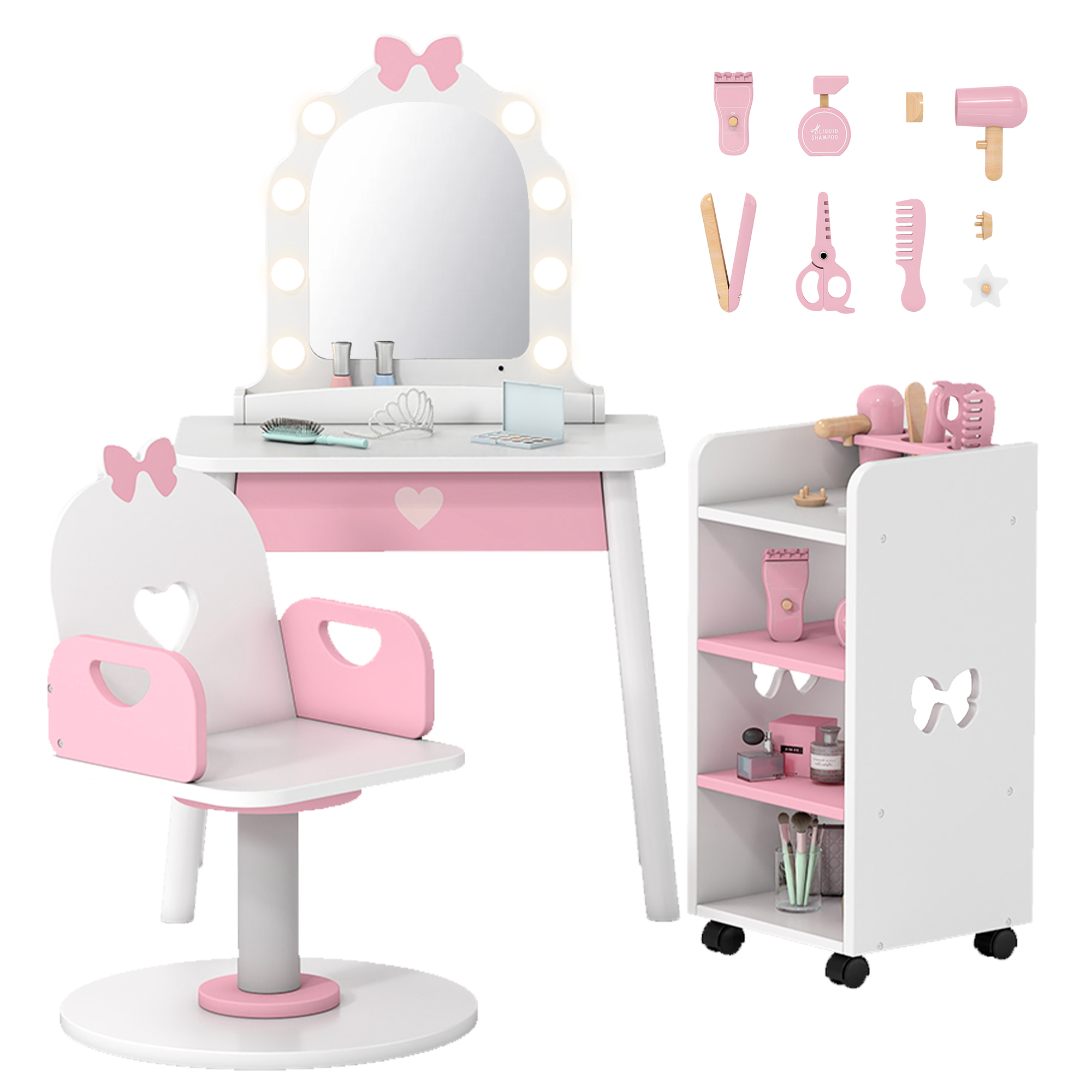 Reasea Kids Vanity Set with Light & Barber Chair, Pretend Play Makeup Dressing Table with Storage Shelf, 7 Pcs Hair Salon Accessories