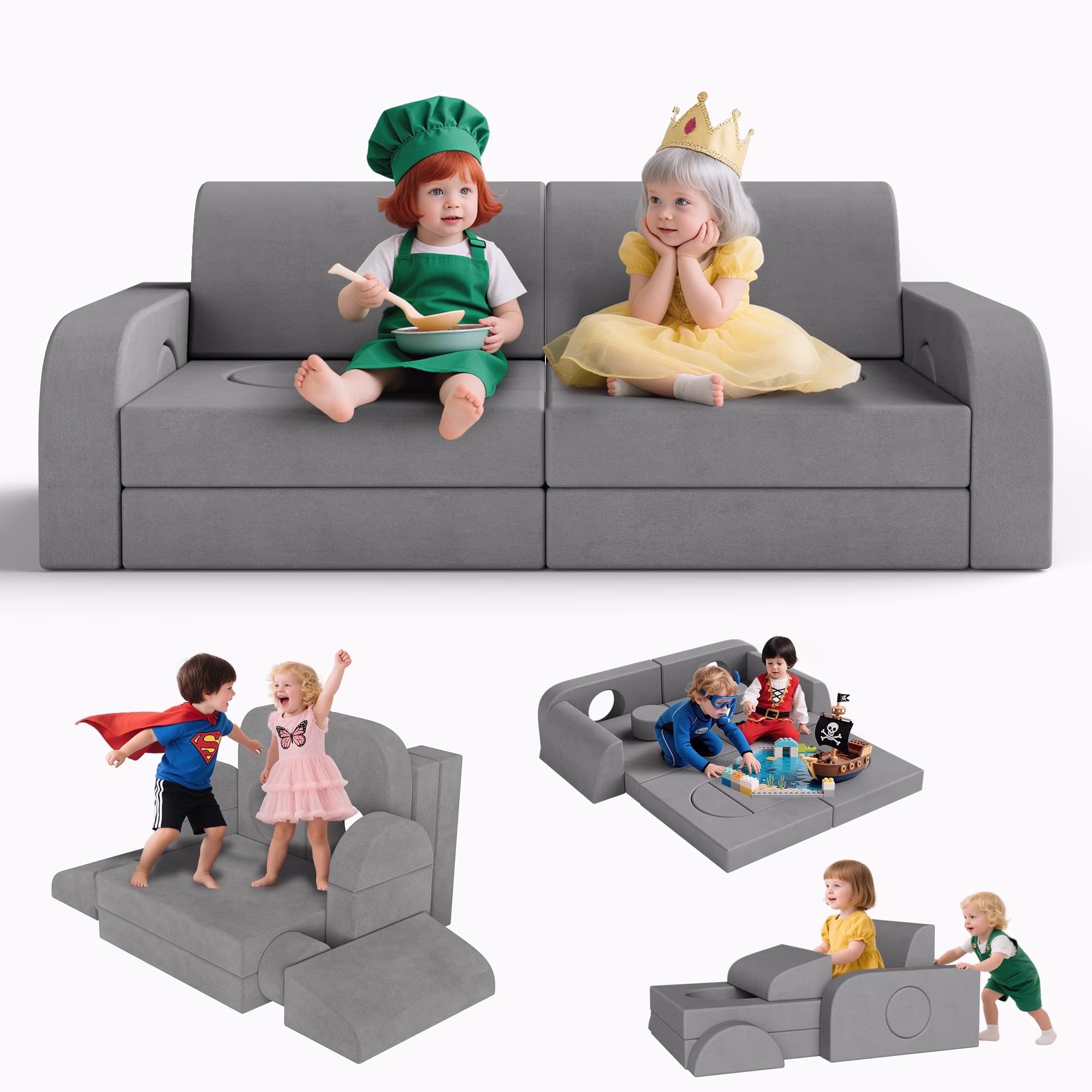 Reasea Modular Kids Play Couch, Child Sectional Sofa, Versatile Foam Couch 14 PCS, Gray