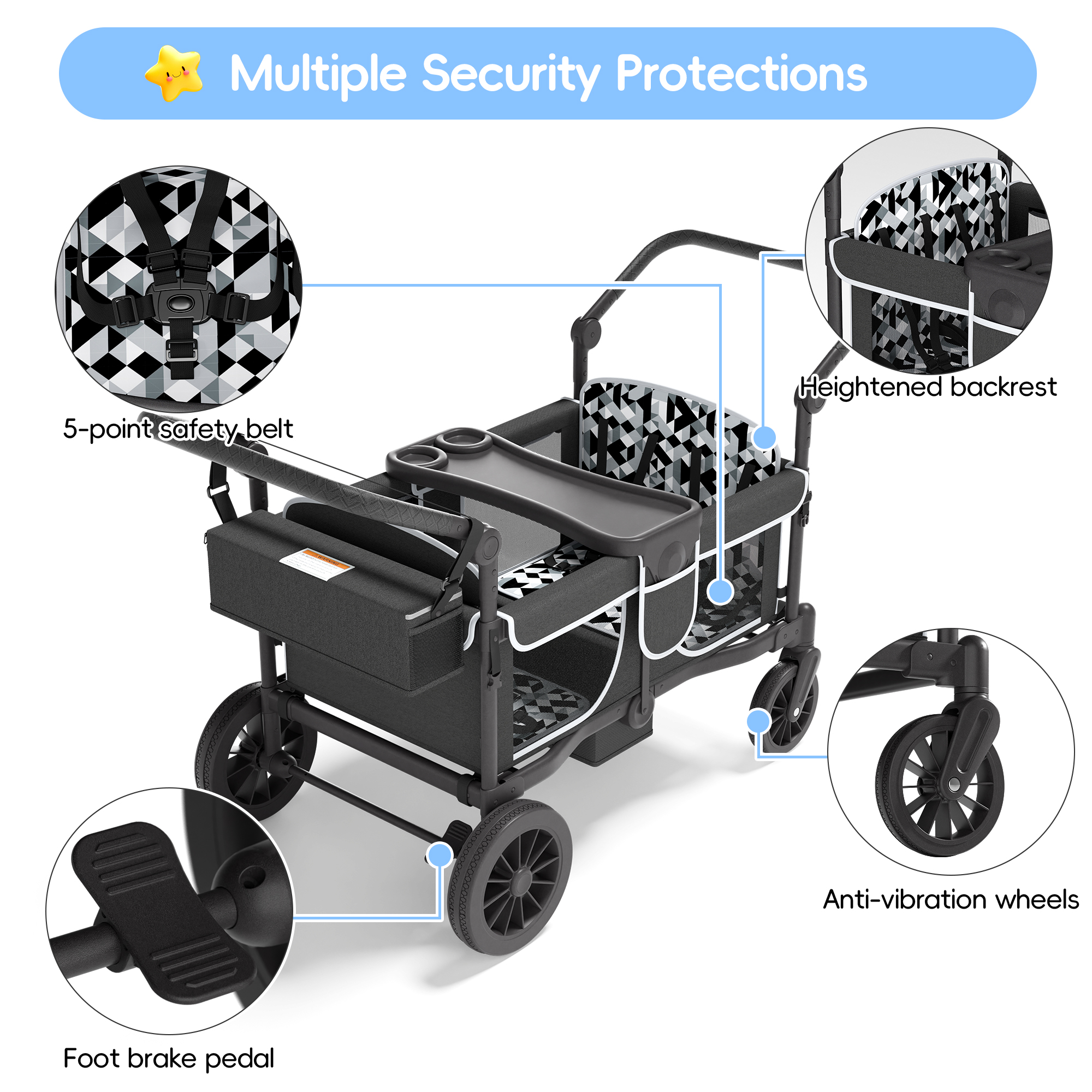 Reasea 4-Seater Foldable Stroller Wagon for Kids, with Canopy, Adjustable Handlebar, 5-Point Safety Harness, Removable Snack Tray & Carry Bag
