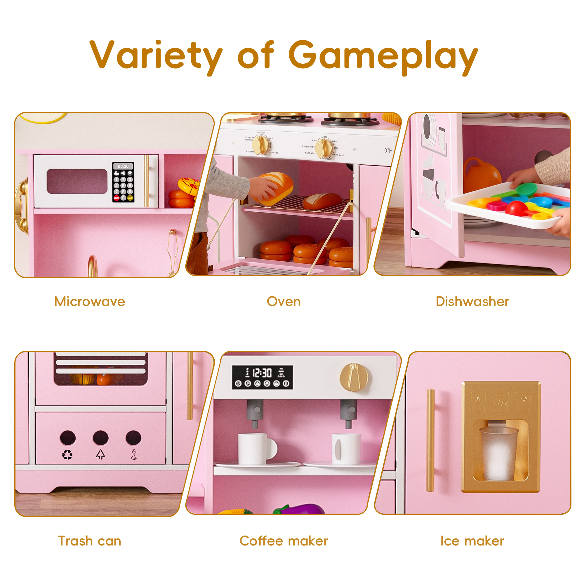 Reasea Play Kitchen for Kids, Wooden Kids Kitchen Playset with Realistic Lights & Sounds, Toy Kitchen Set with Smart Storage & Fun Accessories, Gift for Ages 3+, Pink