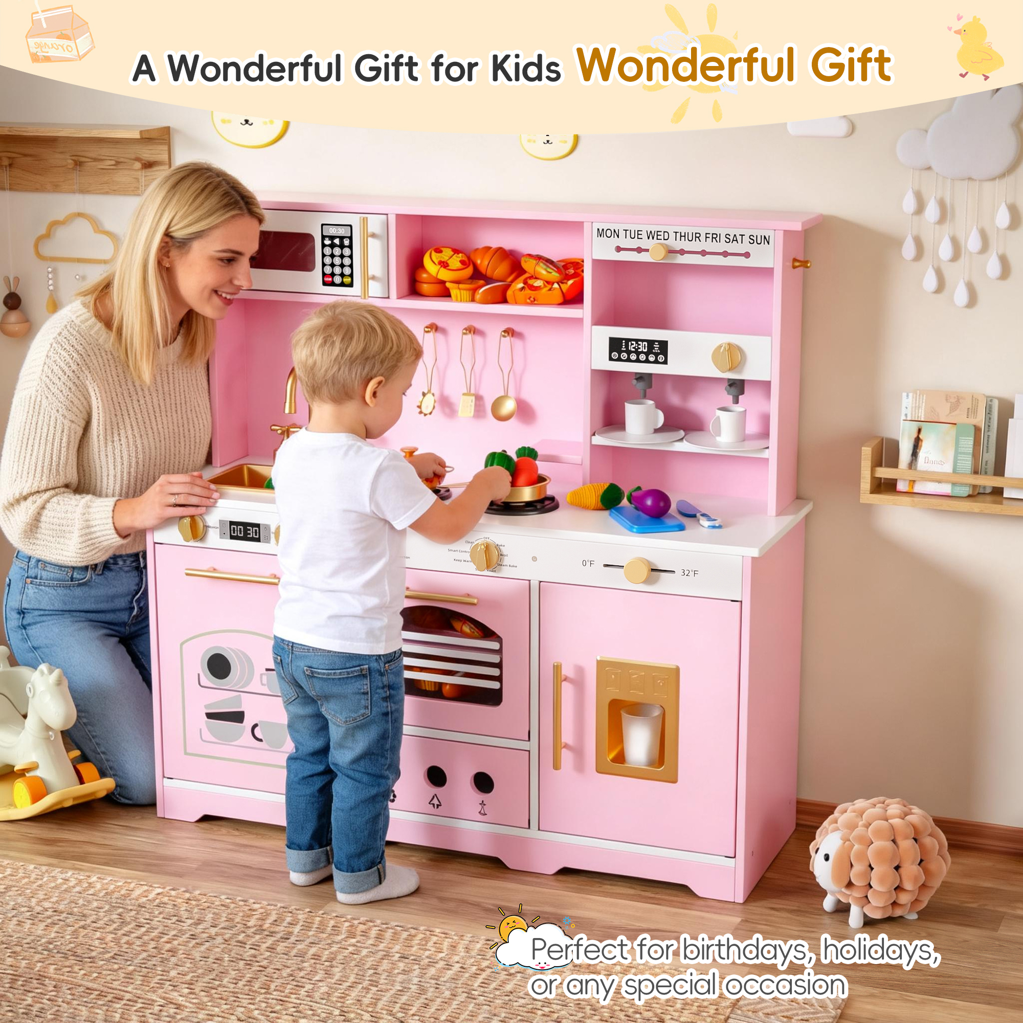 Reasea Play Kitchen for Kids, Wooden Kids Kitchen Playset with Realistic Lights & Sounds, Toy Kitchen Set with Smart Storage & Fun Accessories, Gift for Ages 3+, Pink