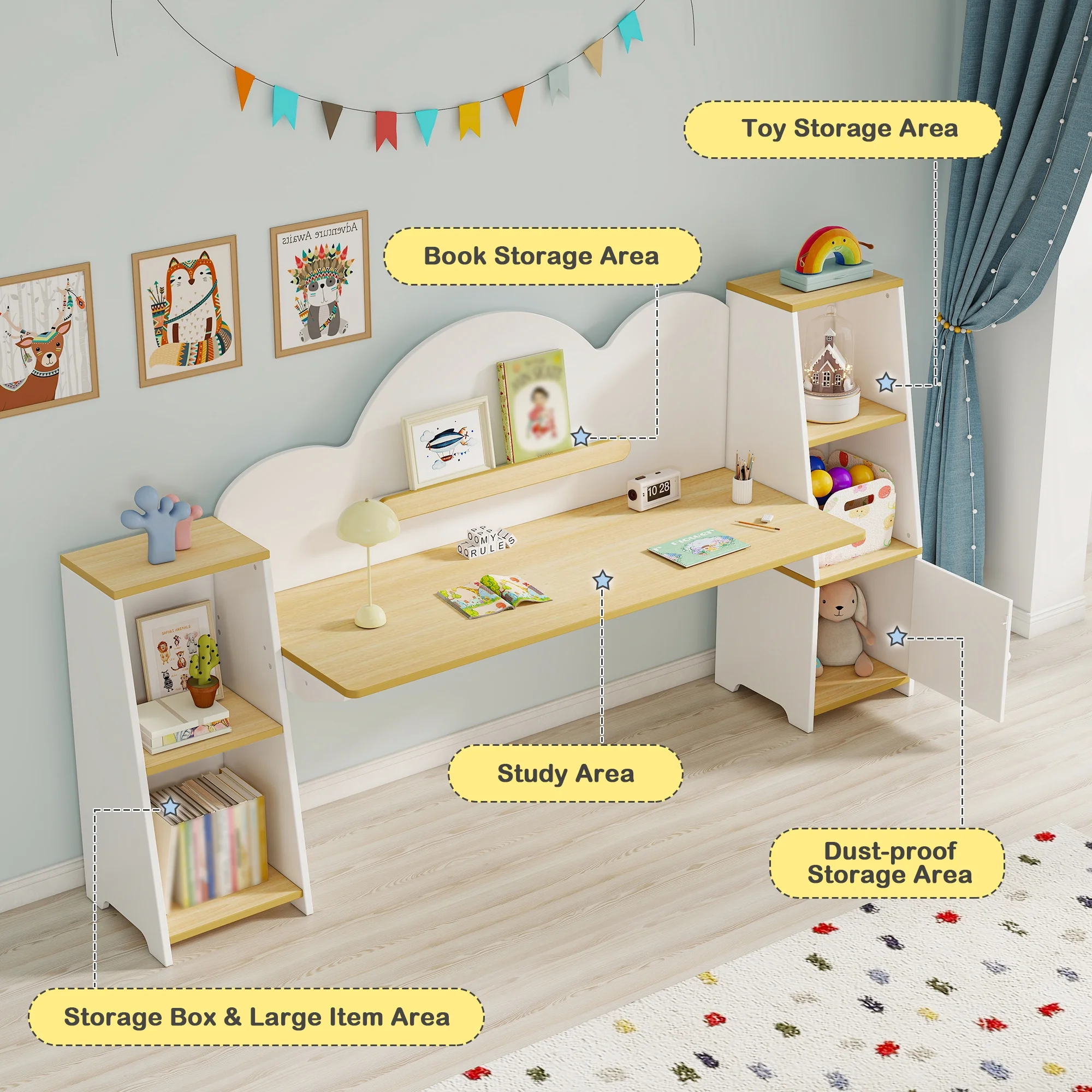 Reasea Wooden Kids Double Study Desk and Chair Set, Extra Large Children Writing Table, Student Study Table, Kids Desk with Book & Toy Storage