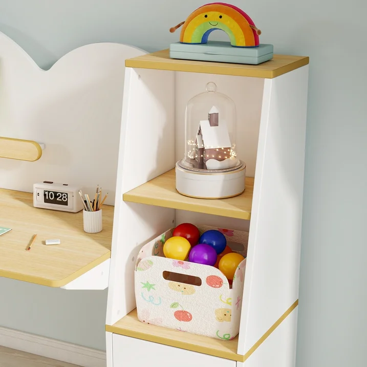 Reasea Wooden Kids Double Study Desk and Chair Set, Extra Large Children Writing Table, Student Study Table, Kids Desk with Book & Toy Storage