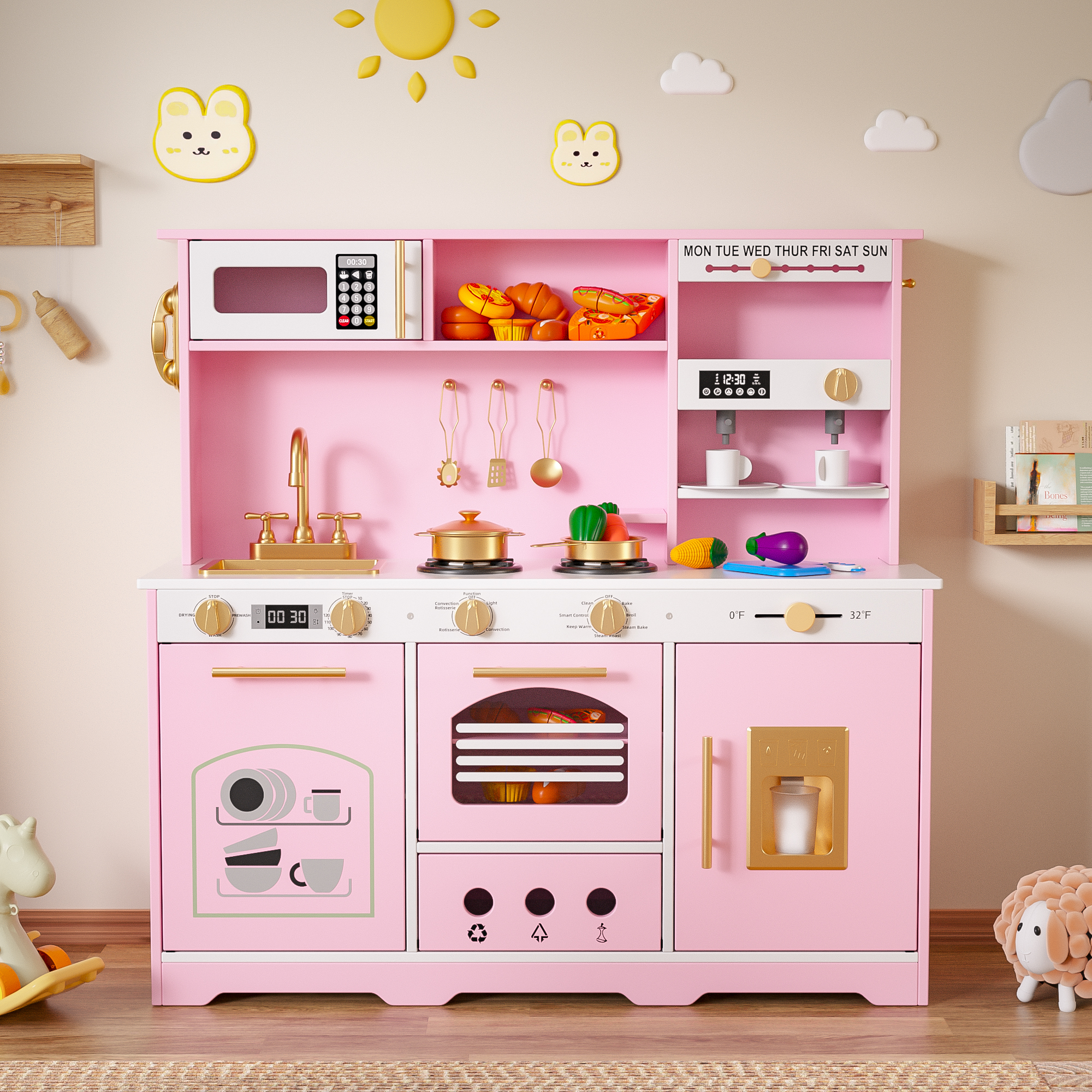 Reasea Play Kitchen for Kids, Wooden Kids Kitchen Playset with Realistic Lights & Sounds, Toy Kitchen Set with Smart Storage & Fun Accessories, Gift for Ages 3+, Pink