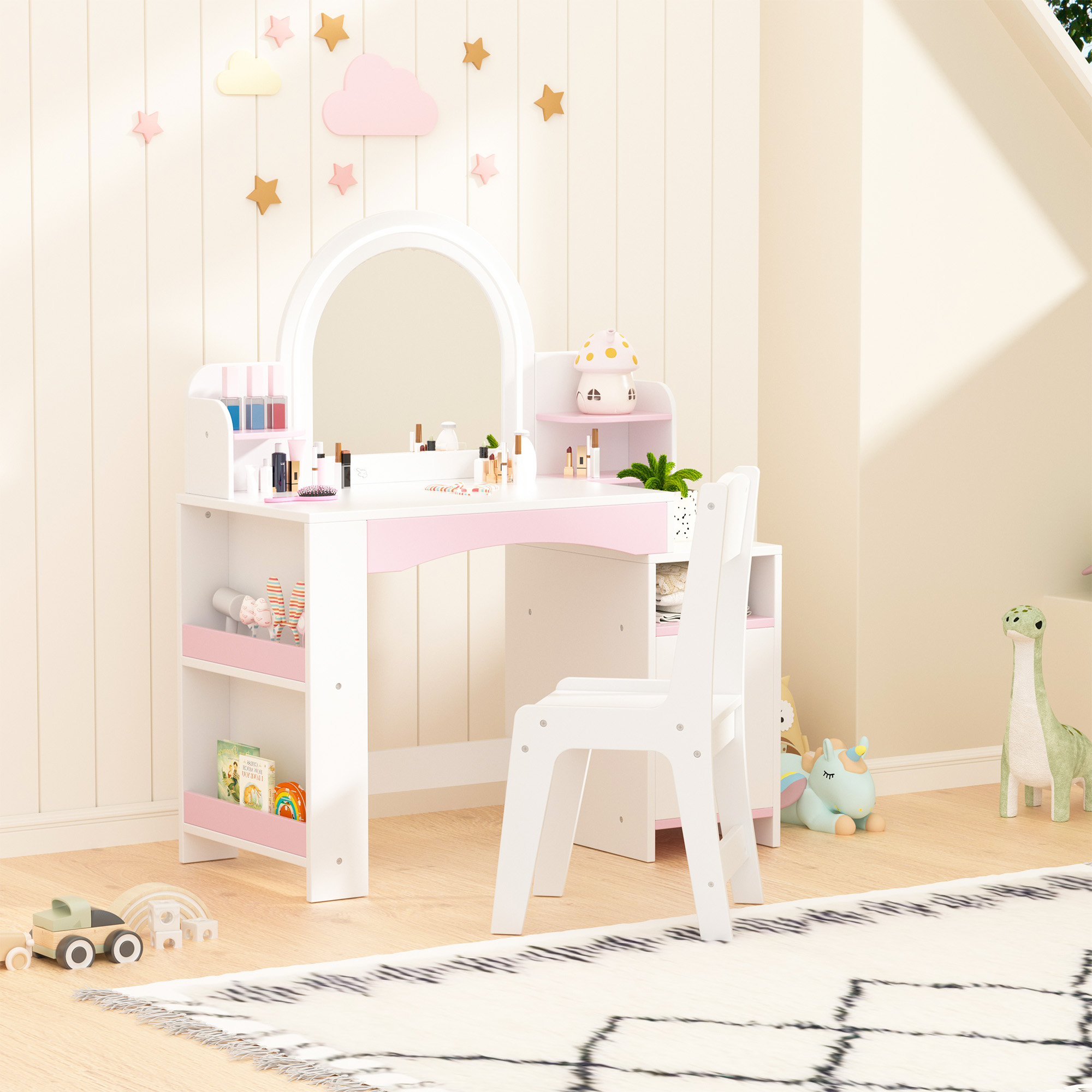 Kids Vanity Table with Mirror, 2 in 1 Girls Vanity Set with Jewelry Storage, Princess Makeup Vanity Desk & Chair Set with Open Shelves, Wooden Pretend Playset