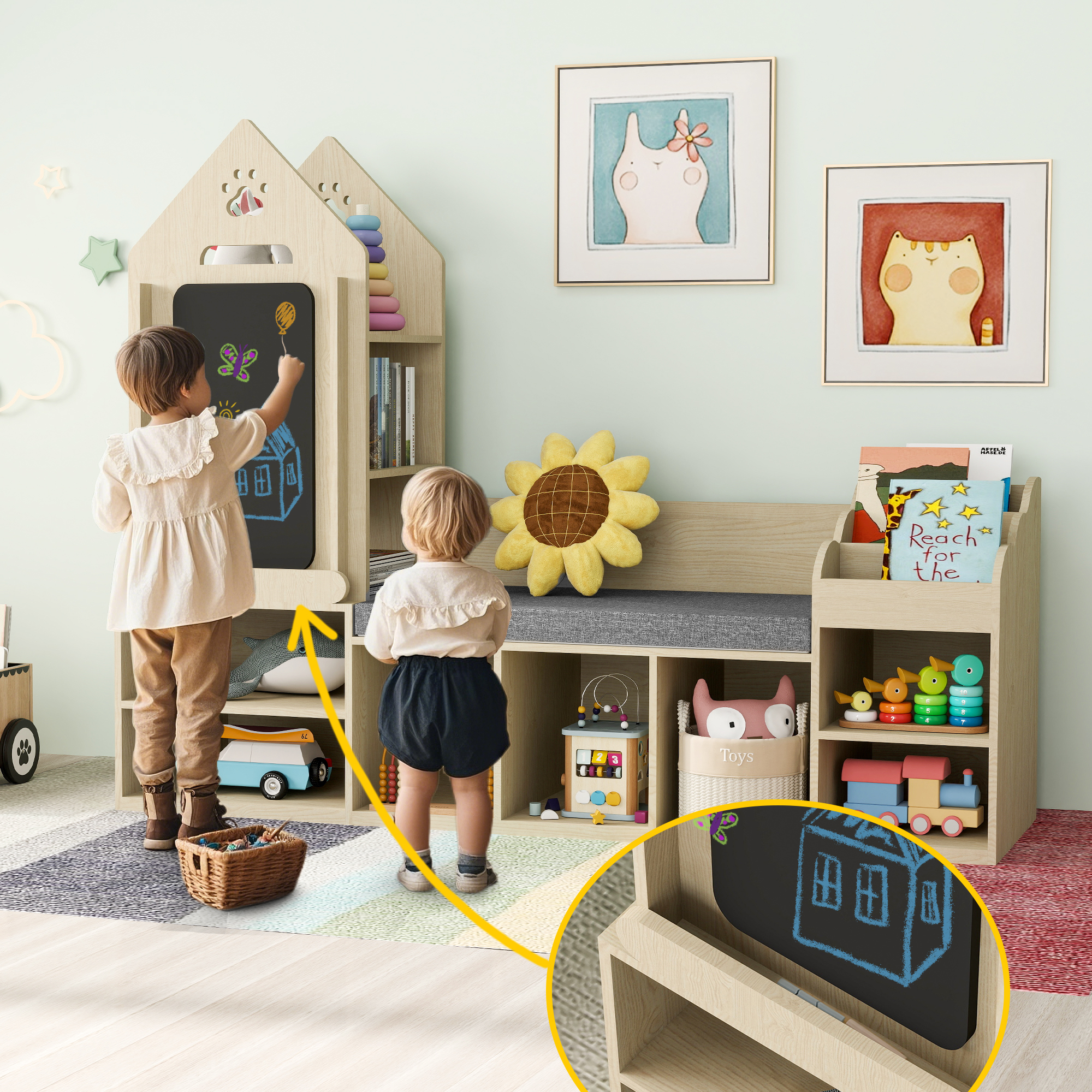 Reasea Kids Bookshelf with Reading Corner, Wooden Toy Organizer with Bench and Chalkboard, Toddler Toy Storage for Bedroom, Nursery, or Playroom, Natural Oak Finish