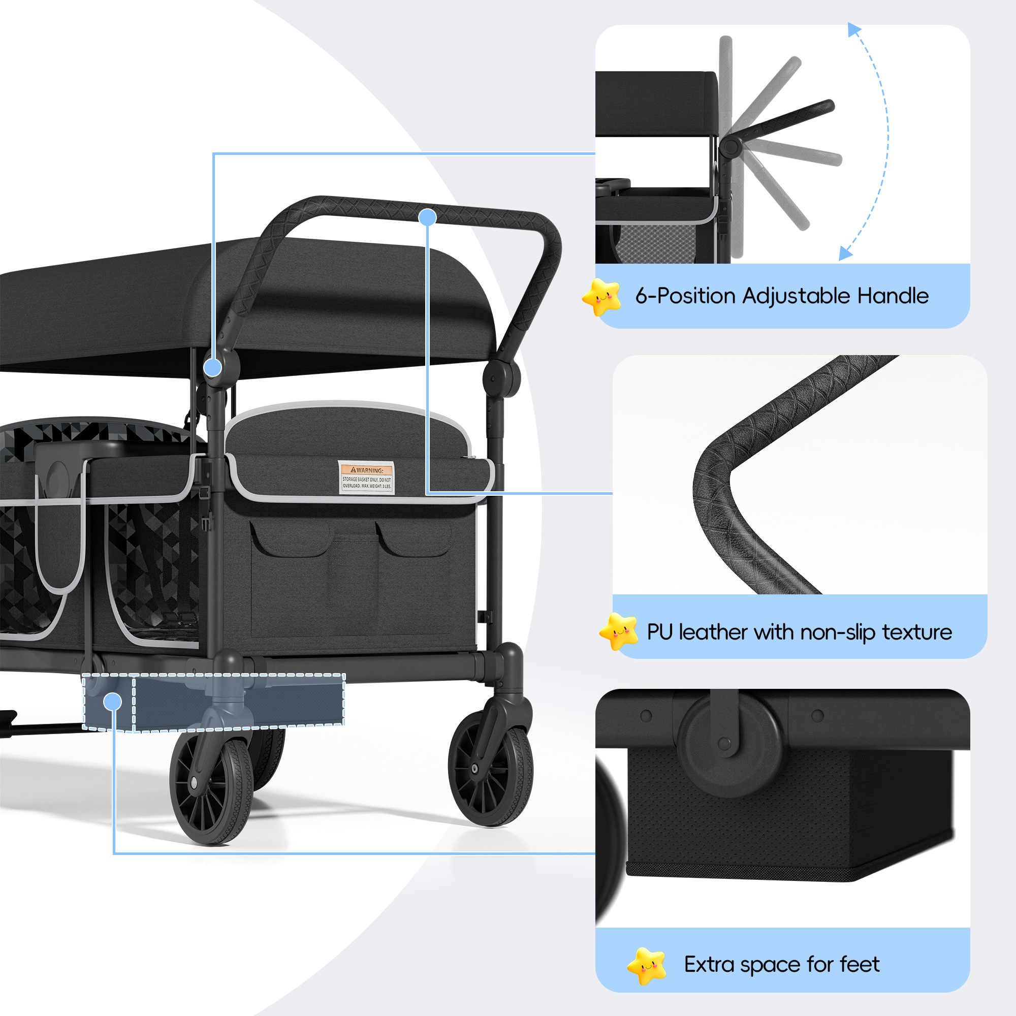 Reasea 4-Seater Foldable Stroller Wagon for Kids, with Canopy, Adjustable Handlebar, 5-Point Safety Harness, Removable Snack Tray & Carry Bag