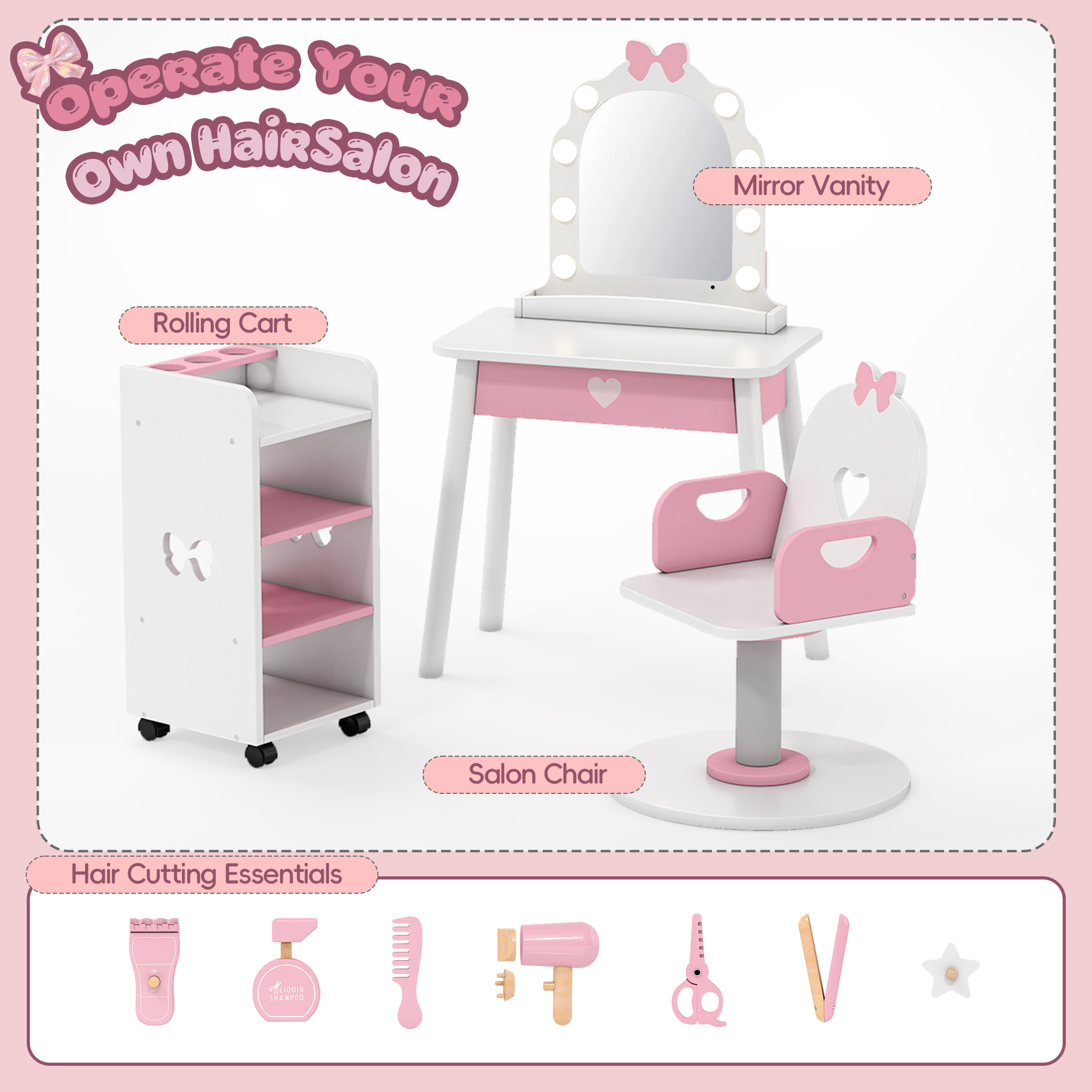 Reasea Kids Vanity Set with Light & Barber Chair, Pretend Play Makeup Dressing Table with Storage Shelf, 7 Pcs Hair Salon Accessories