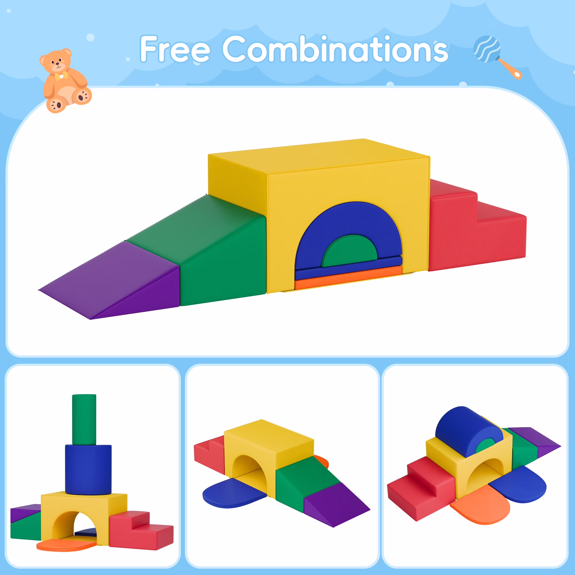 Reasea 7 PCS Foam Climbing Blocks for Toddlers 1-3, Climb and Crawl Activity Playset, Soft Foam Climber, Classic
