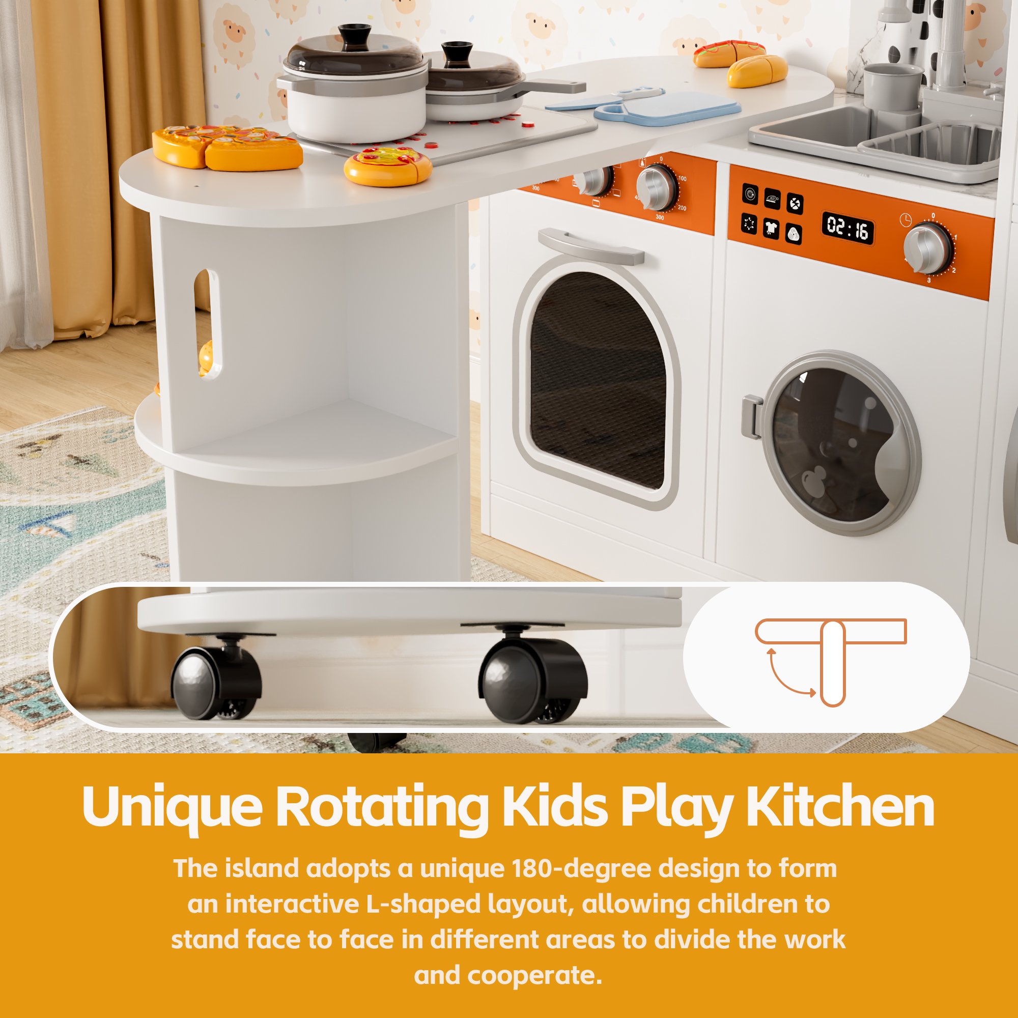 Reasea Play Kitchen, Wooden Kids Kitchen Playset with Realistic Lights and Sounds, Toddler Interative Toy Kitchen, White