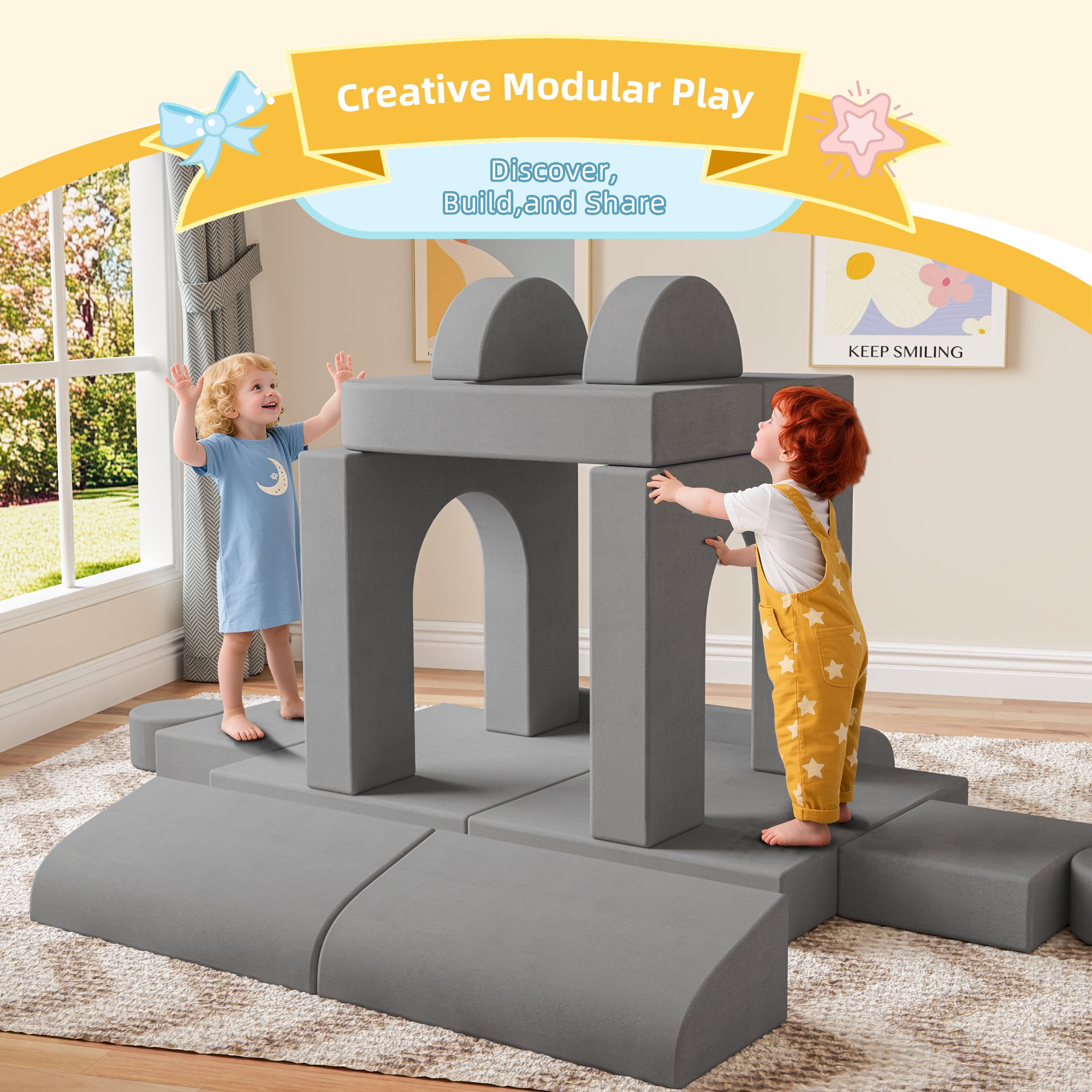 Reasea Modular Kids Play Couch, Child Sectional Sofa, Versatile Foam Couch 14 PCS, Gray