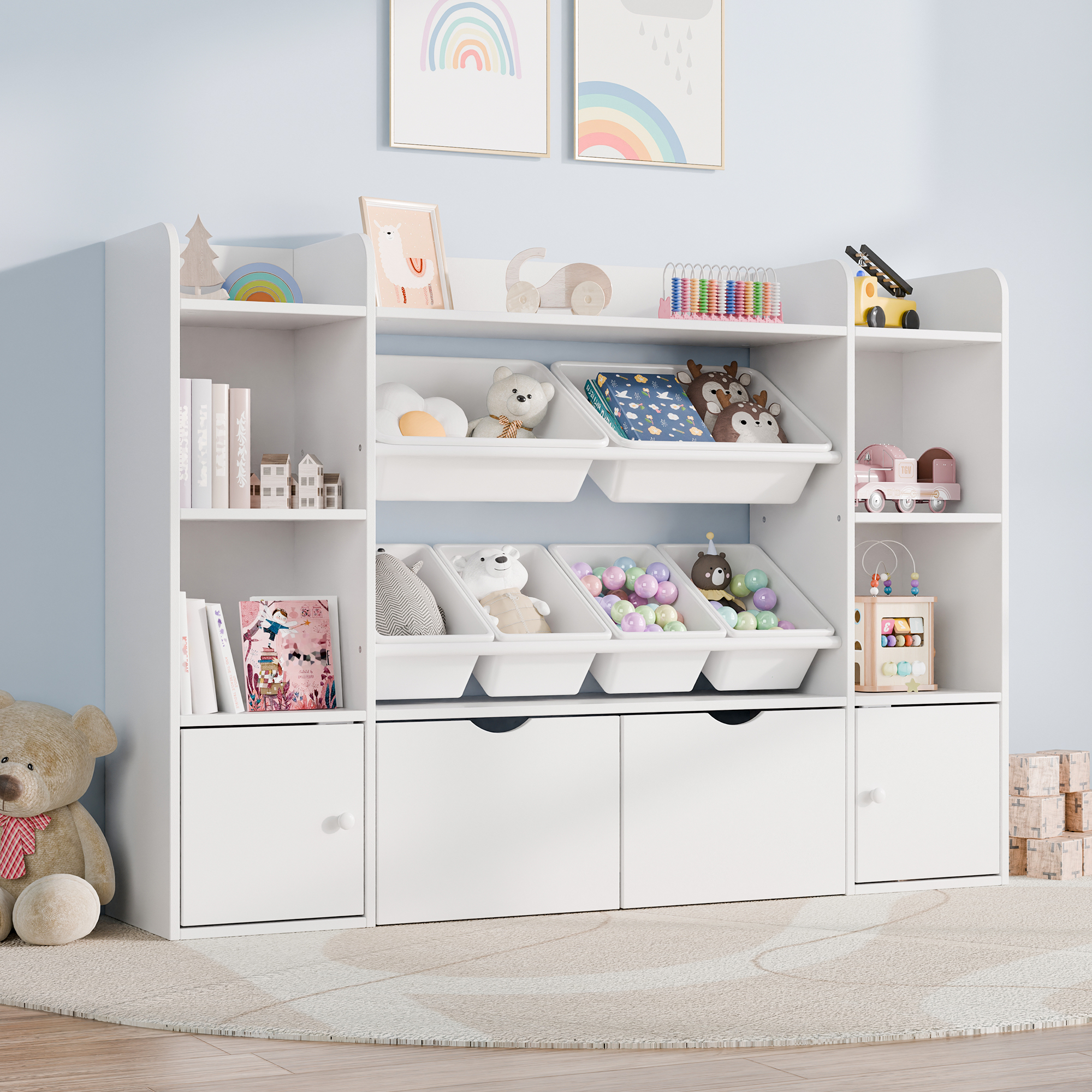 Reasea 6-Bin Toy Storage Organizer for Kids – 4-Tier Bookshelf with 6 Removable Cubbies & 2 Movable Drawers, Kids Toy Shelf for Playroom, Bedroom, Multicolor