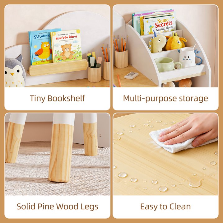 Reasea Kids Wooden Desk & Chair Set with Storage Cabinets & Bookshelves, Children Study Writing Drawing Table