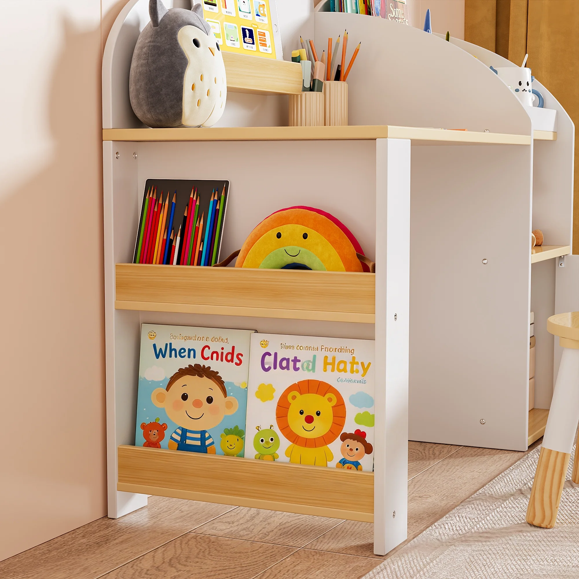 Reasea Kids Wooden Desk & Chair Set with Storage Cabinets & Bookshelves, Children Study Writing Drawing Table