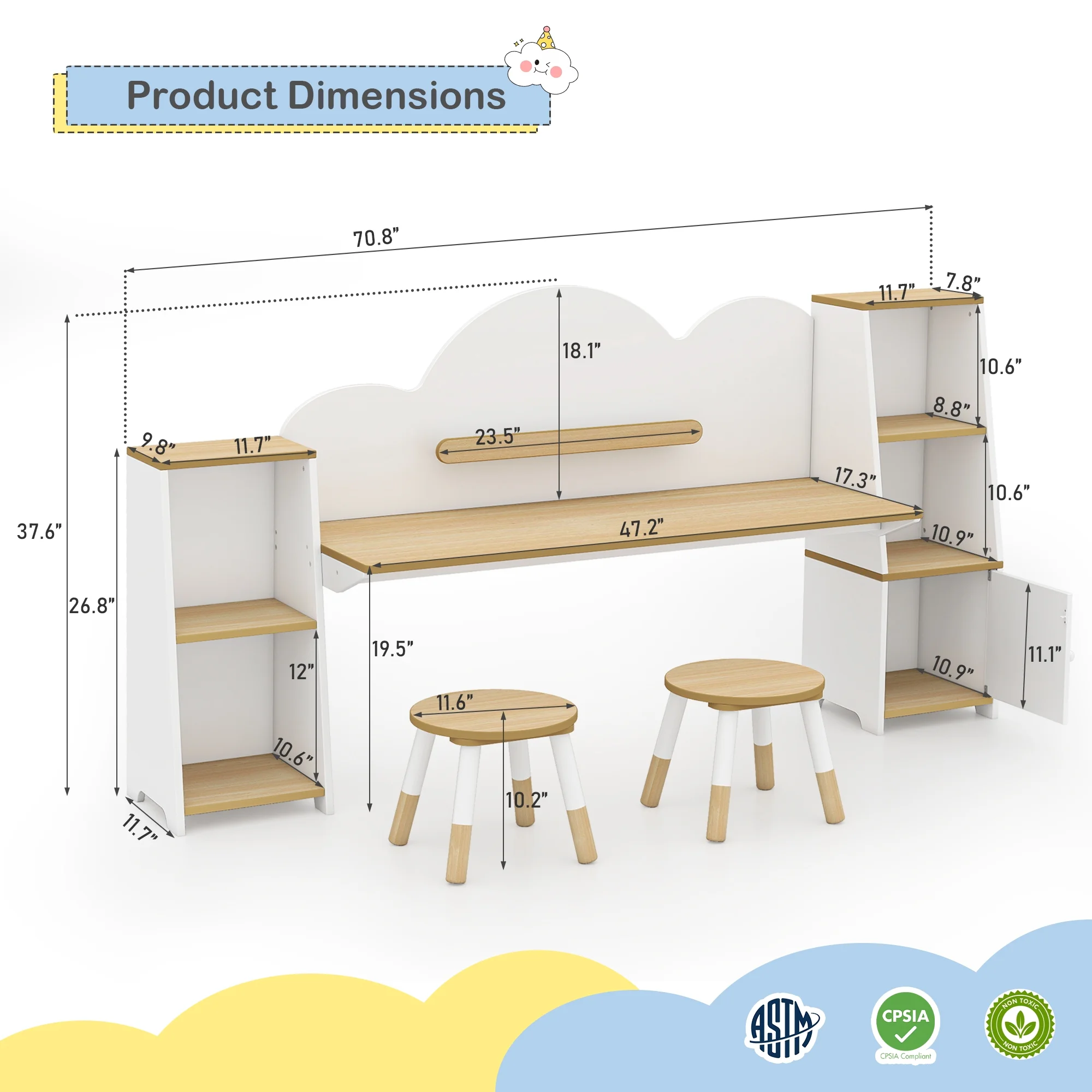 Reasea Wooden Kids Double Study Desk and Chair Set, Extra Large Children Writing Table, Student Study Table, Kids Desk with Book & Toy Storage
