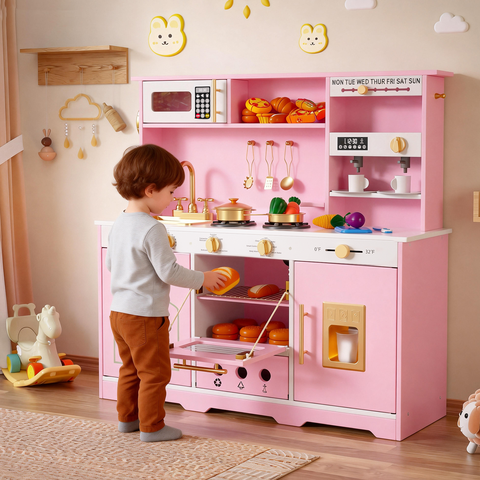Reasea Play Kitchen for Kids, Wooden Kids Kitchen Playset with Realistic Lights & Sounds, Toy Kitchen Set with Smart Storage & Fun Accessories, Gift for Ages 3+, Pink