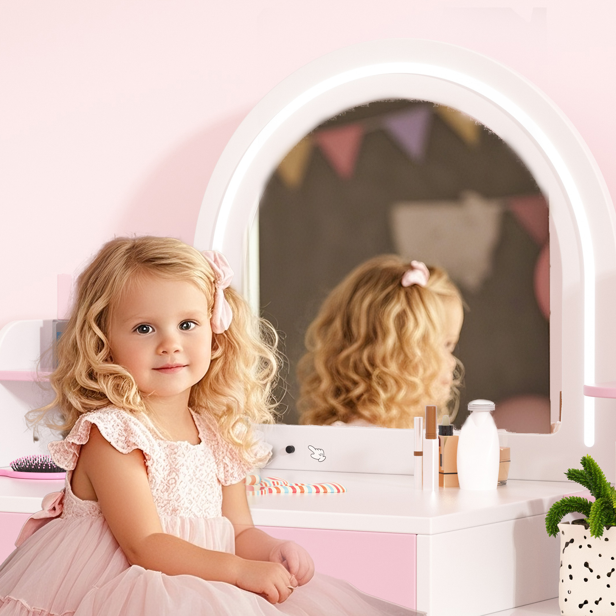 Kids Vanity Table with Mirror, 2 in 1 Girls Vanity Set with Jewelry Storage, Princess Makeup Vanity Desk & Chair Set with Open Shelves, Wooden Pretend Playset