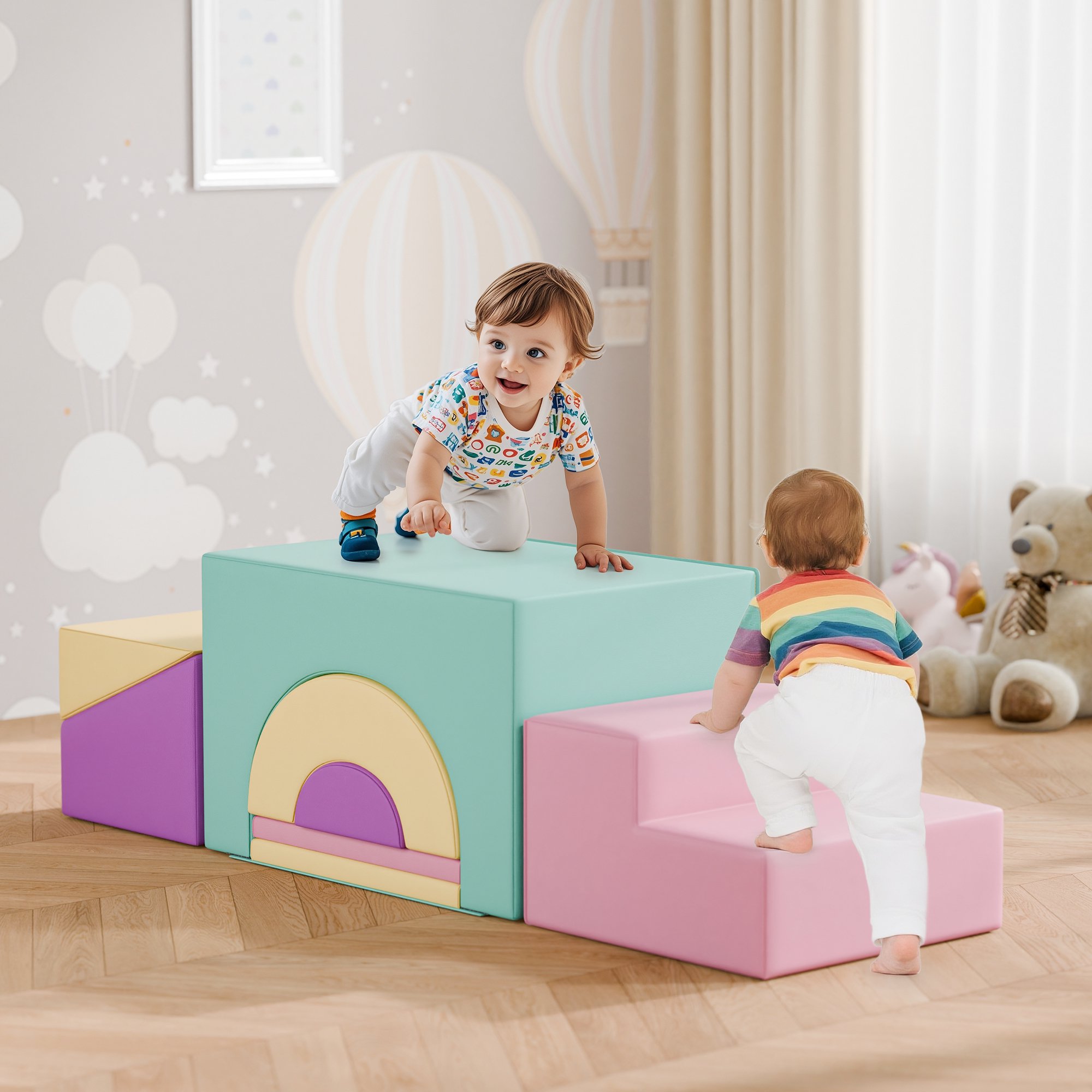 Reasea 7 PCS Foam Climbing Blocks for Toddlers 1-3, Climb and Crawl Activity Playset, Soft Foam Climber, Pink