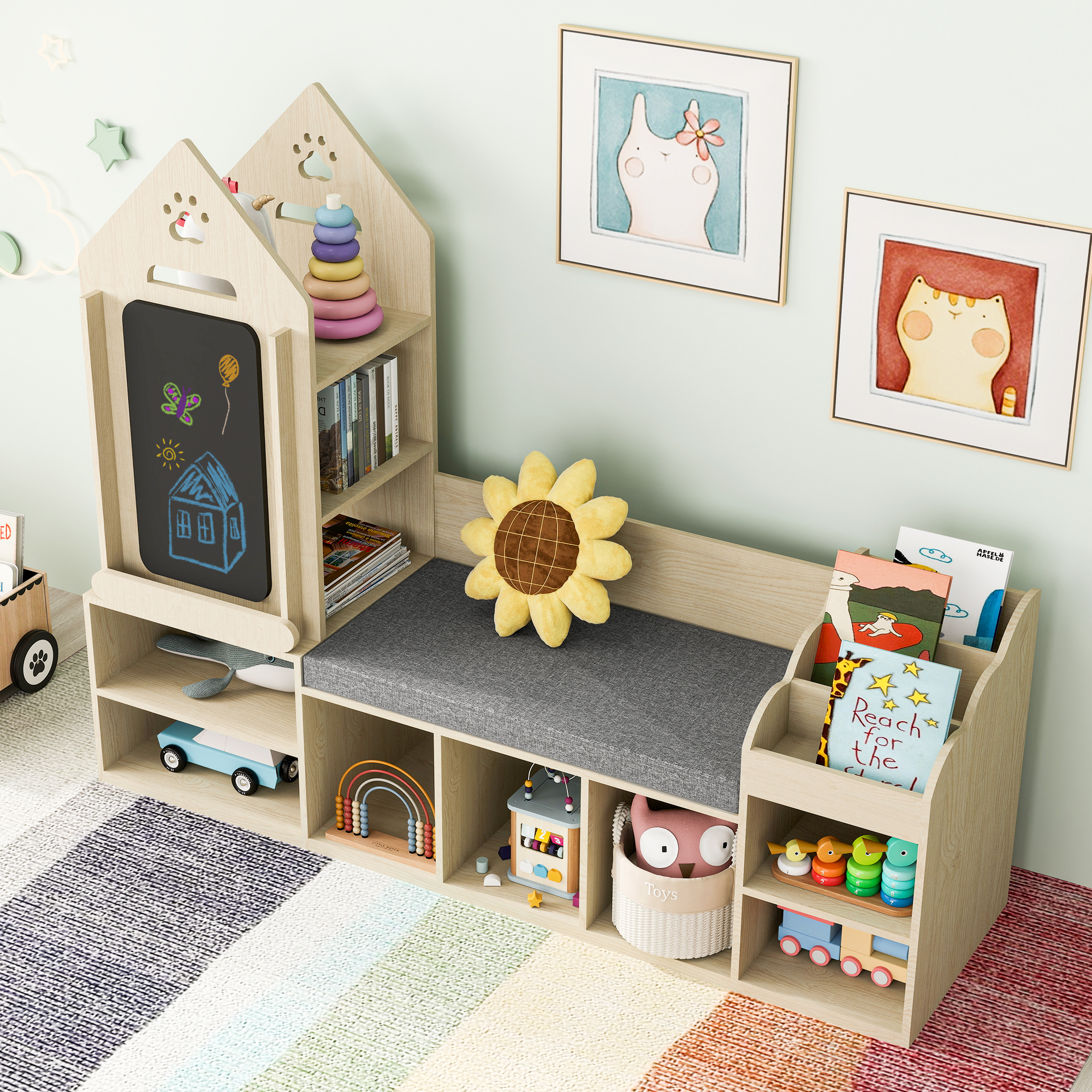 Reasea Kids Bookshelf with Reading Corner, Wooden Toy Organizer with Bench and Chalkboard, Toddler Toy Storage for Bedroom, Nursery, or Playroom, Natural Oak Finish