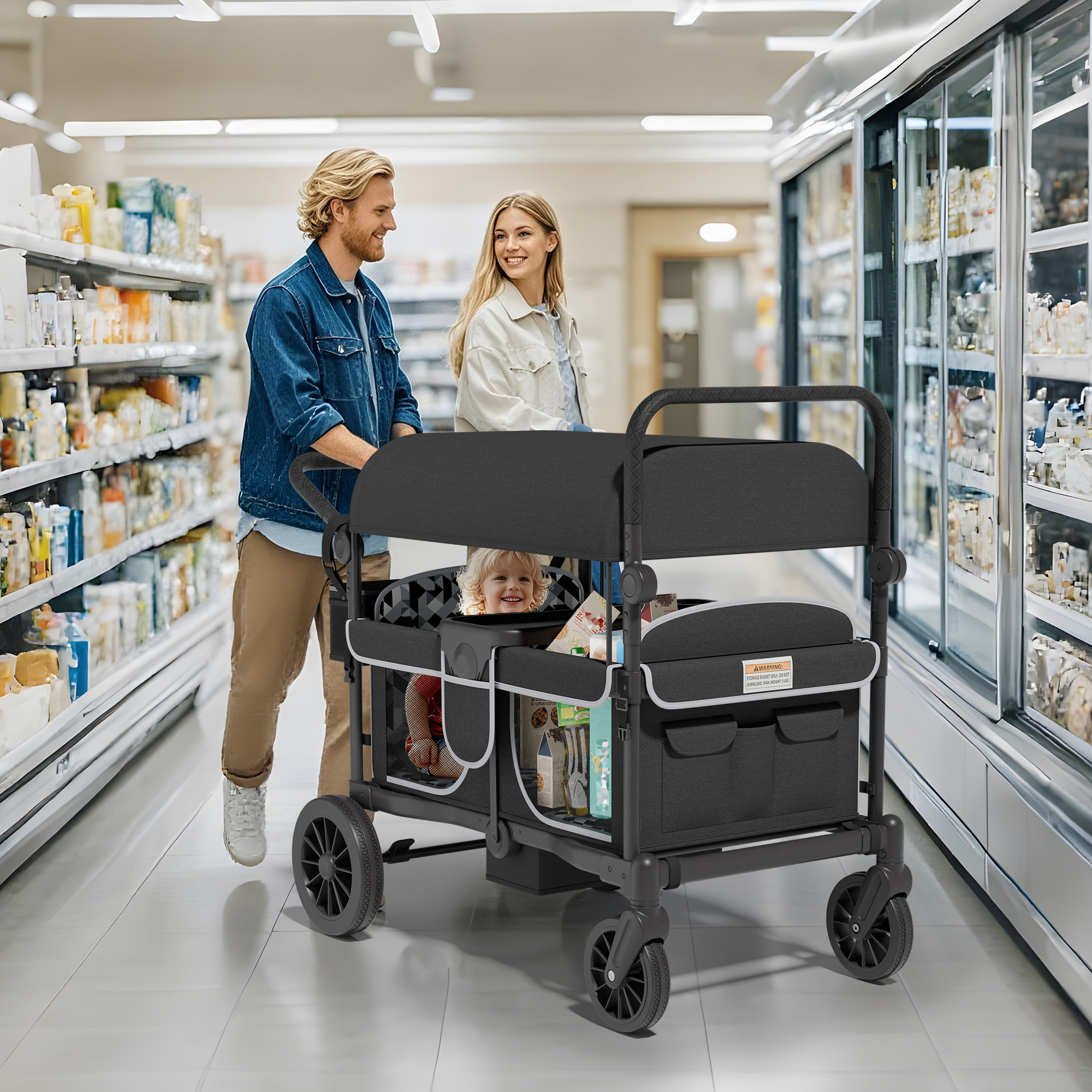 Reasea 4-Seater Foldable Stroller Wagon for Kids, with Canopy, Adjustable Handlebar, 5-Point Safety Harness, Removable Snack Tray & Carry Bag