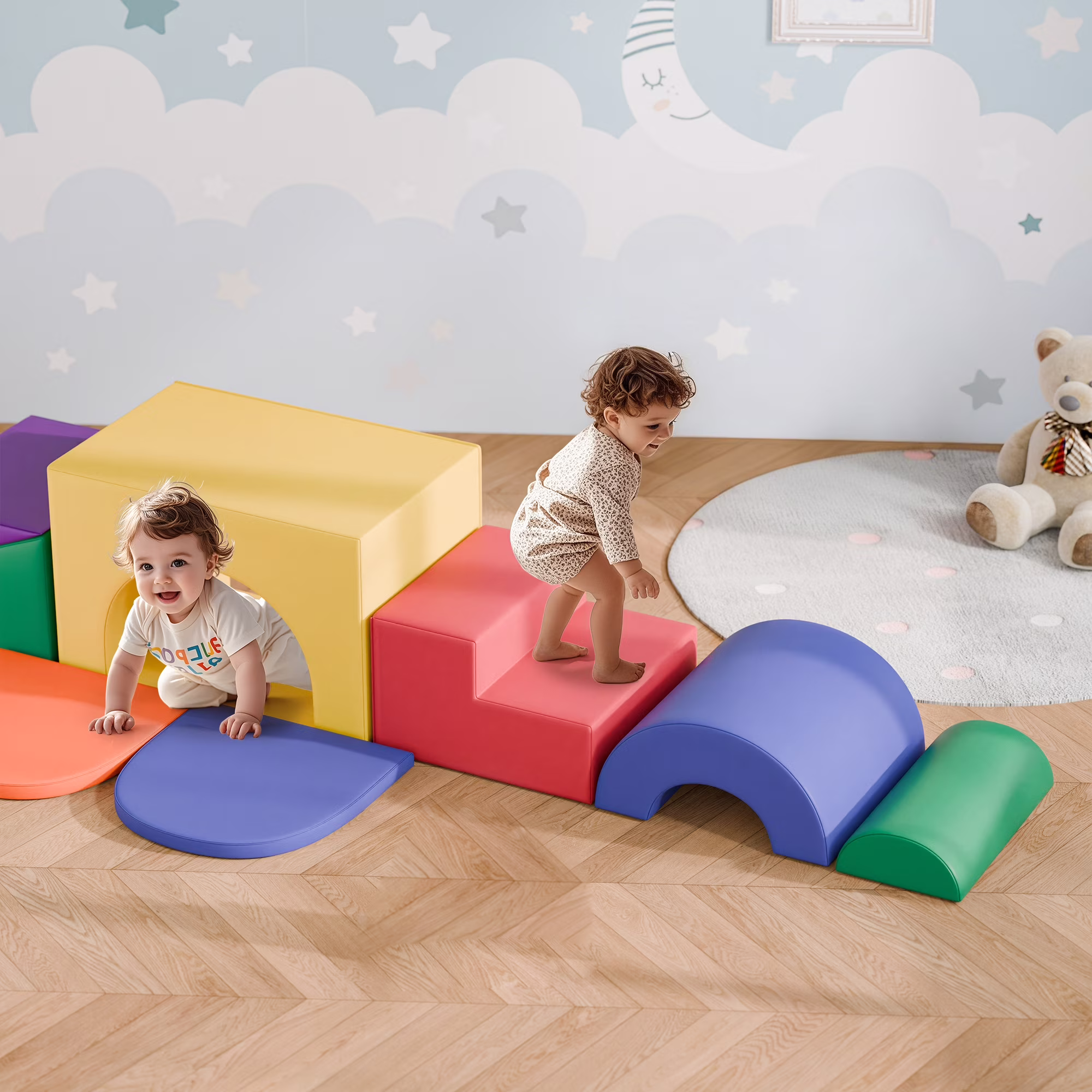 Reasea 7 PCS Foam Climbing Blocks for Toddlers 1-3, Climb and Crawl Activity Playset, Soft Foam Climber, Classic