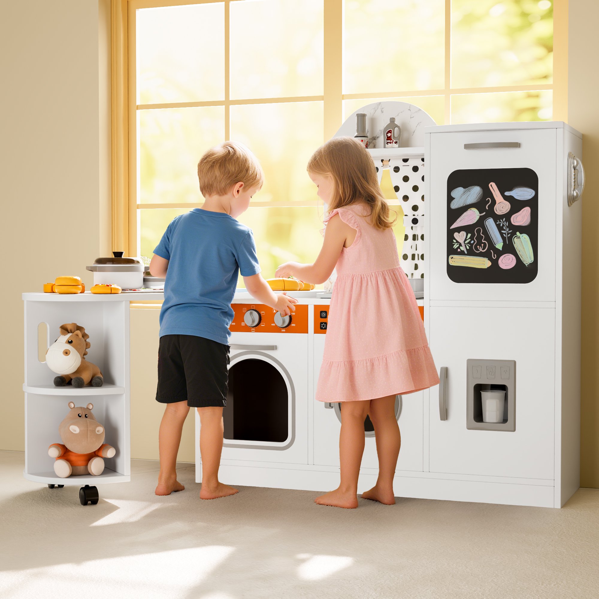 Reasea Play Kitchen, Wooden Kids Kitchen Playset with Realistic Lights and Sounds, Toddler Interative Toy Kitchen, White