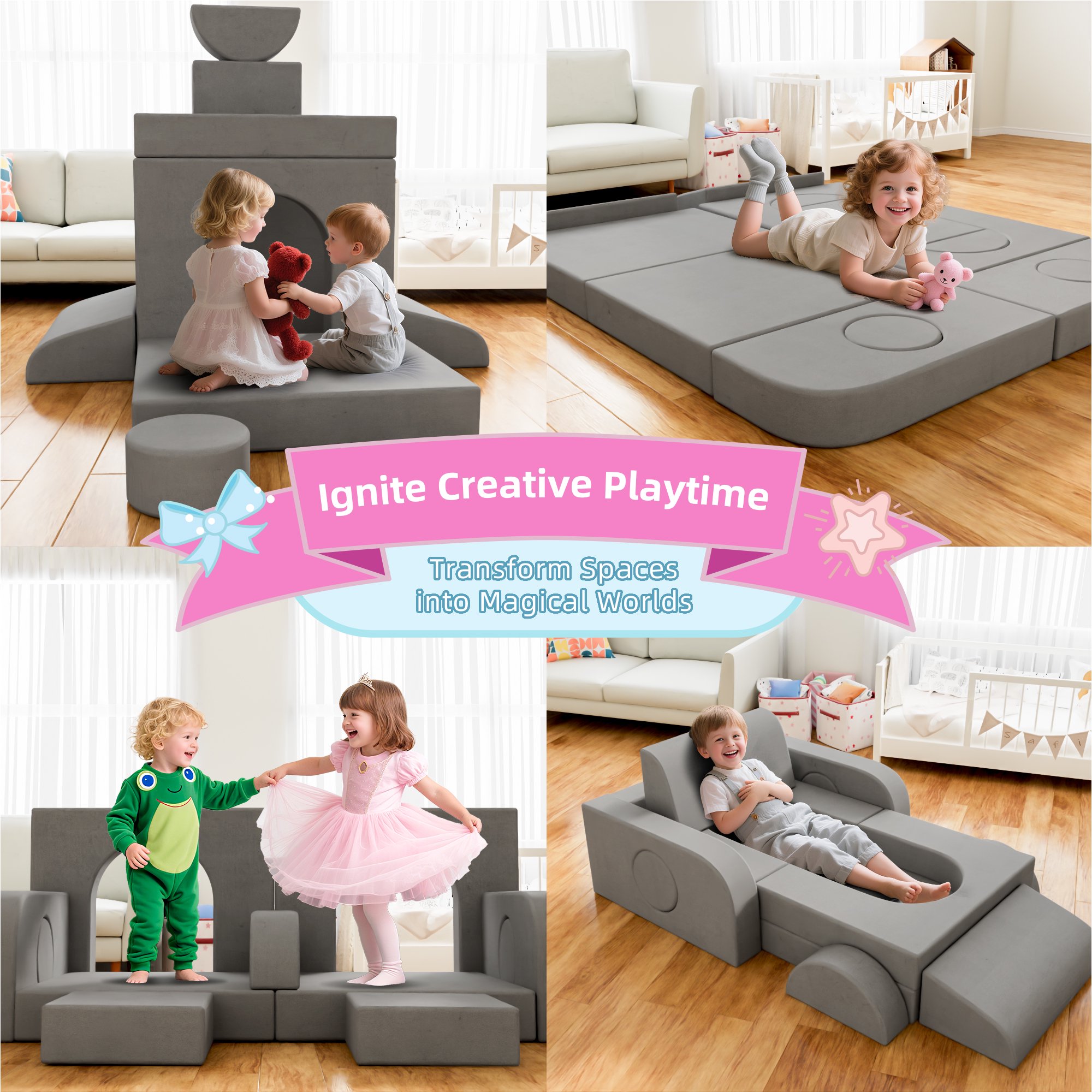 Reasea Modular Kids Play Couch, Child Sectional Sofa, Versatile Foam Couch 14 PCS, Gray