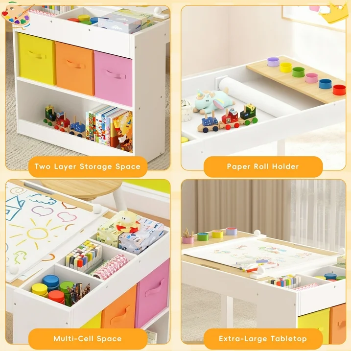 Reasea Kids Art Table and Chair Set,Kids Craft Table with Storage,6 Pen Holders,Paper Roll Holder