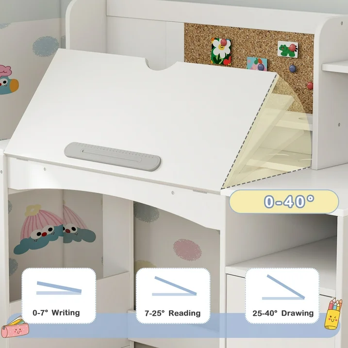 Reasea Kids Study Desk and Chair Set with Tiltable Desktop, Hutch & Storage - Wooden Writing Table for Ages 5-12