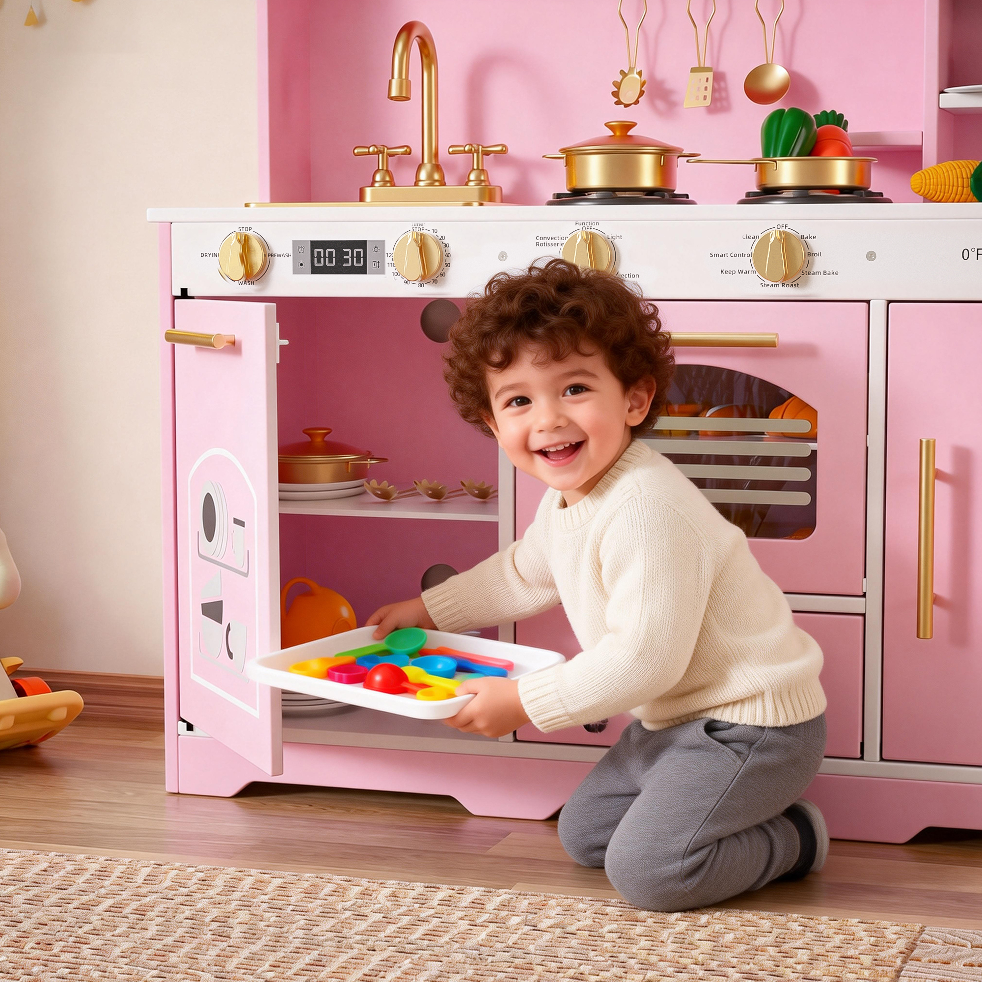 Reasea Play Kitchen for Kids, Wooden Kids Kitchen Playset with Realistic Lights & Sounds, Toy Kitchen Set with Smart Storage & Fun Accessories, Gift for Ages 3+, Pink